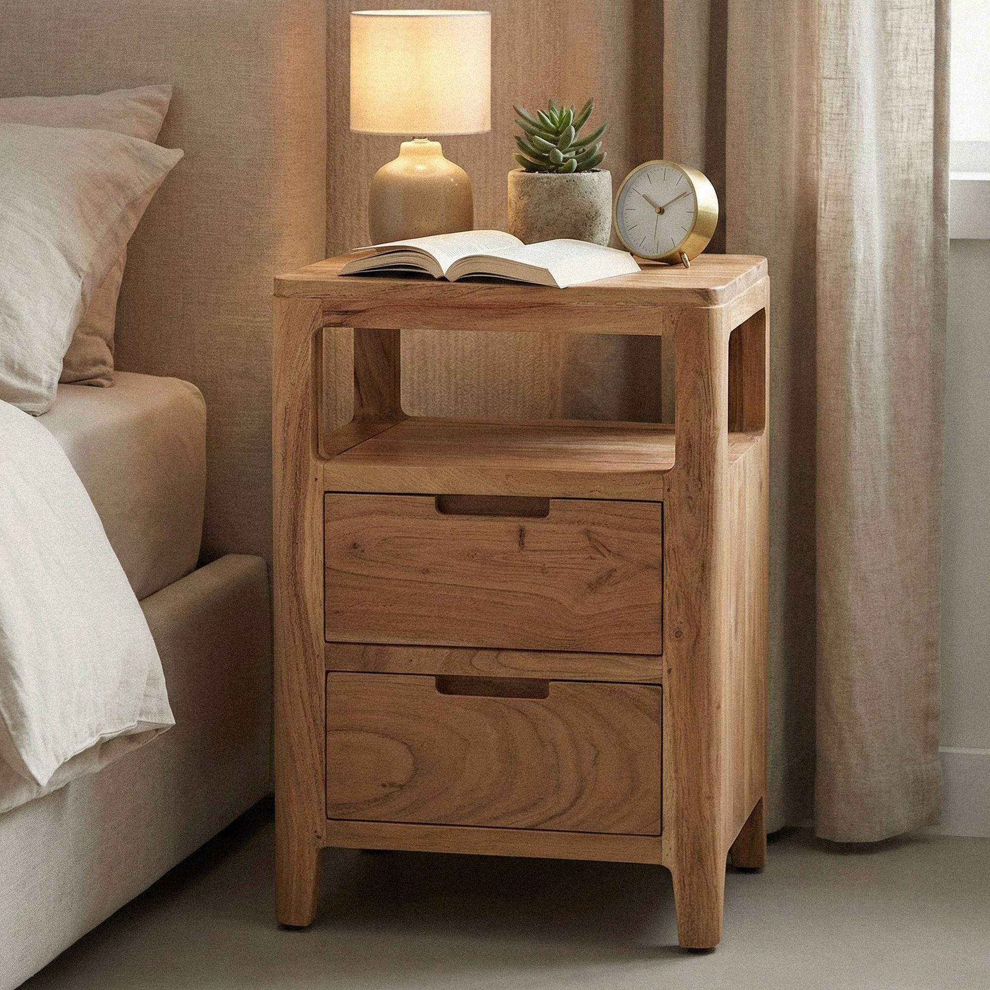 FINEBUY Nachttisch FB113240 Nachtkonsole Massivholz Nachtkästchen Schubladen Nachtkommode (Warme Holzoptik mit individueller Maserung), Praktische Aufteilung für Ordnung am Bett