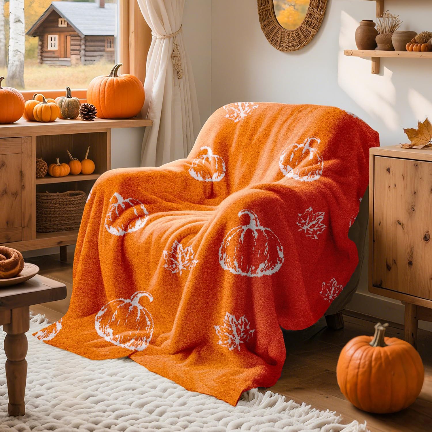 Wohndecke Herbst Kürbisse Decke, Kürbis & Blätter Halloween Decken, FOUORTUNATE-BEE, Weiche Überwurfdecke für Sofa & Bett, Halloween Dekoration, 130x150 cm