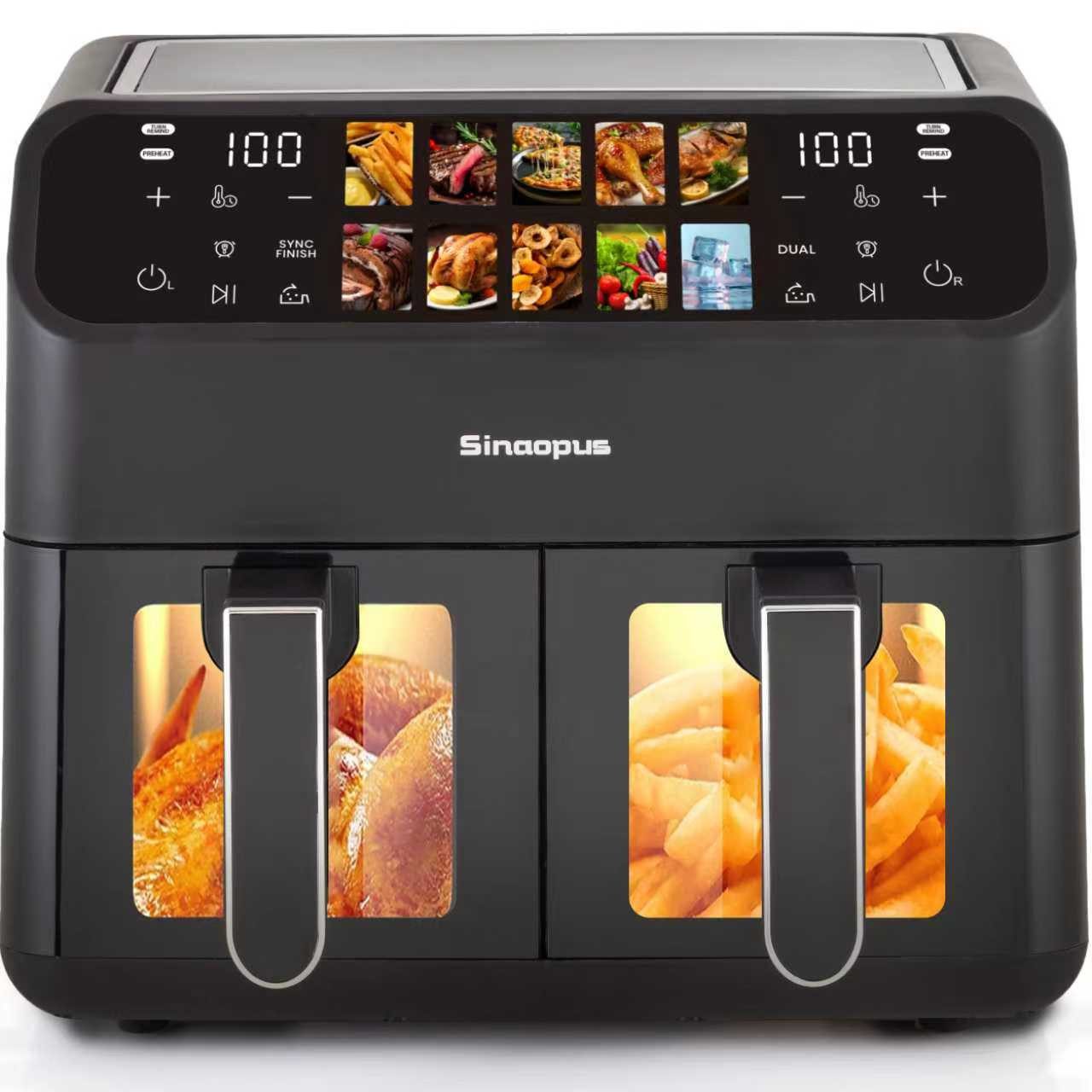Sinaopus Heißluftfritteuse 10L XXL, Dual-Zone Airfryer 2000W mit 2×5L Körben & 10 Programmen, 2000 W, Doppelkammer-Airfryer mit LED-Touchdisplay, SYNC Funktion & Timer