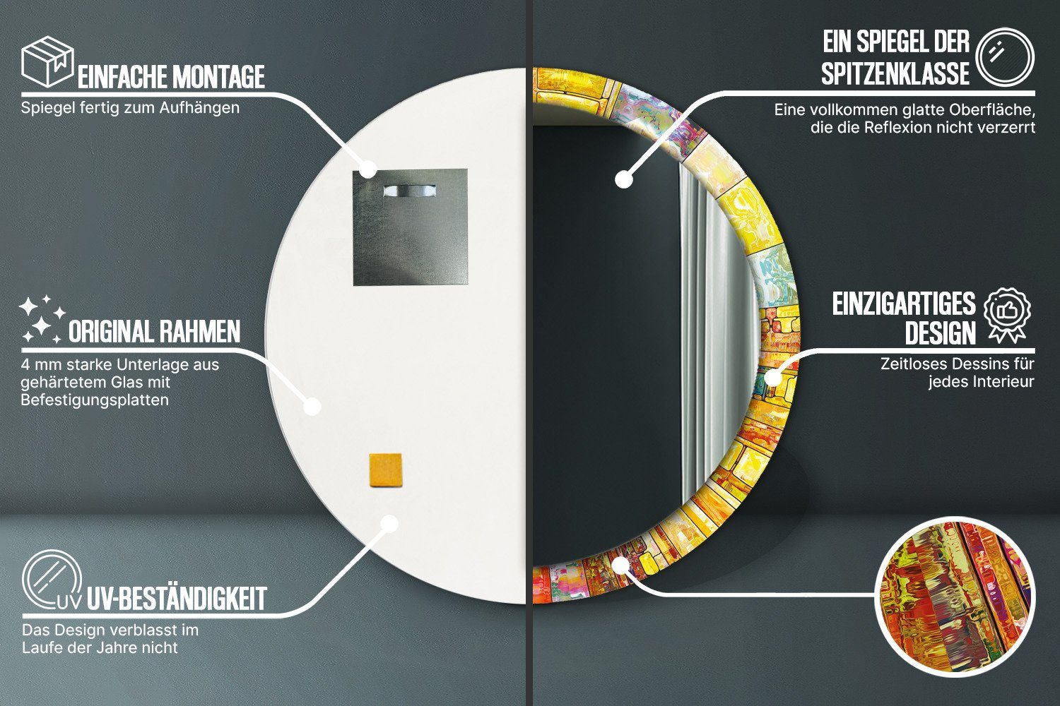 Rund: Gebeizt mit Modernem mit Runder Wandspiegel Spiegel Spiegel Aufdruck Rundspiegel Tulup Ø100cm, Modernem Deko Aufdruck Runder