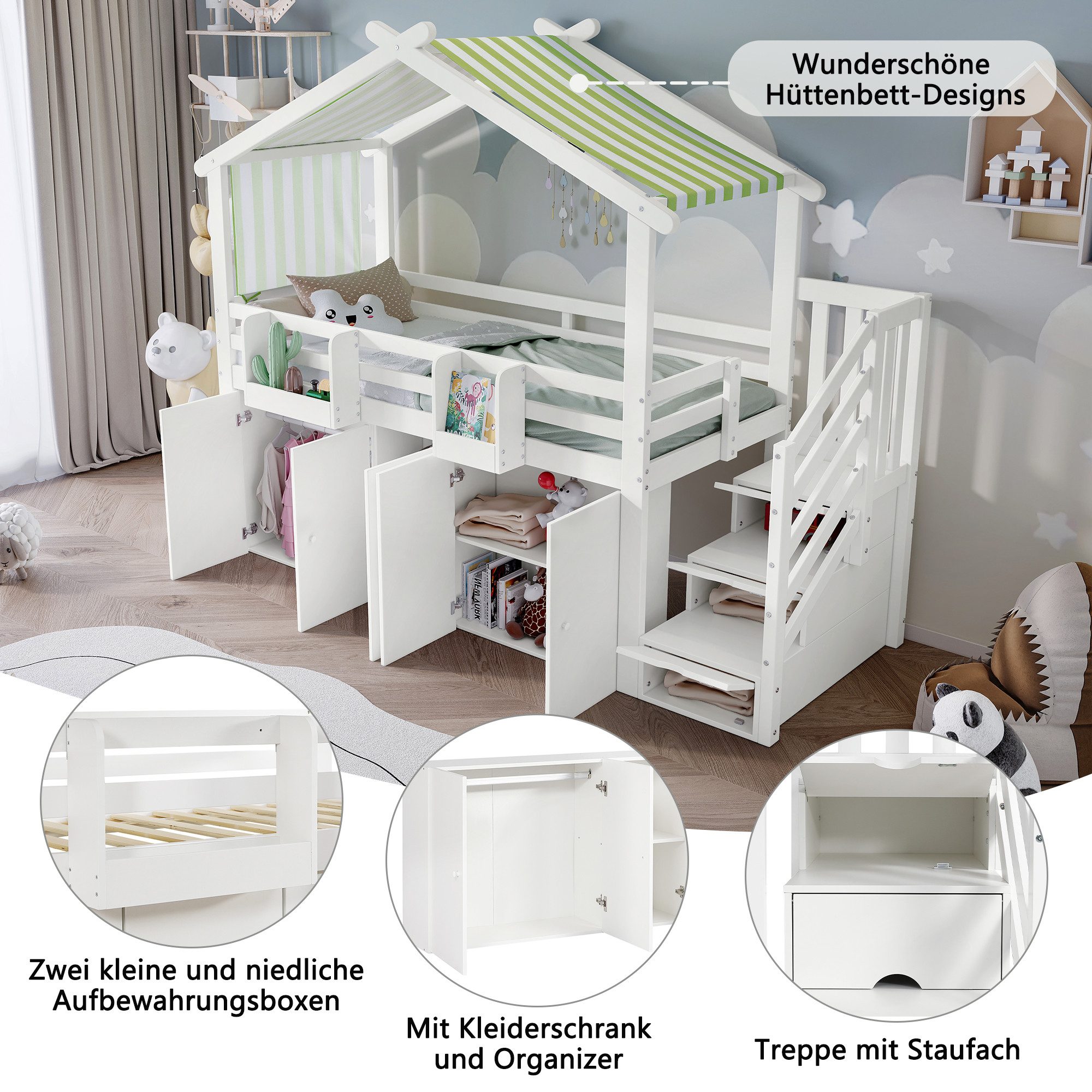 Flieks Hochbett Kinderbett 90x200cm mit Vorhang, Kleiderschrank und Stauraumtreppe – Bild 4 von 5