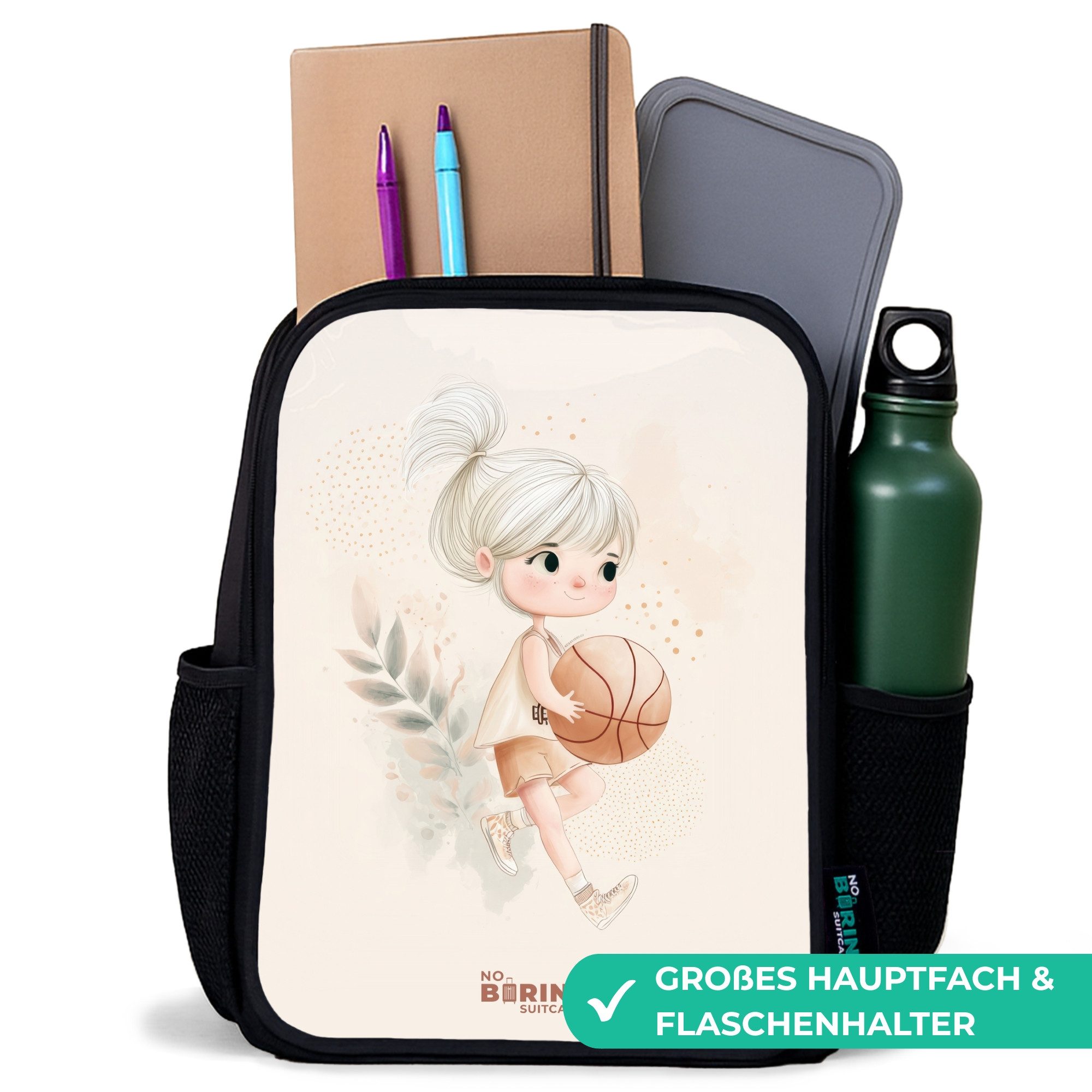 NoBoringSuitcases.com© Rucksack Mädchen mit einem Basketball in neutralen Farben., Kinderrucksack Schwarz, Schulrucksack, Freizeitrucksack Jungen Mädchen