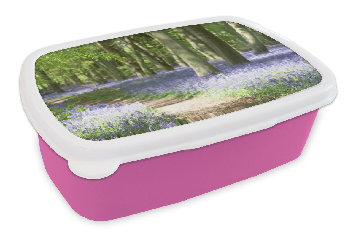 MuchoWow Lunchbox Wald - Weg - Blumen - Lila - Grün - Natur, Kunststoff, (2-tlg), Brotbox für Erwachsene, Brotdose Kinder, Snackbox, Mädchen, Kunststoff rosa