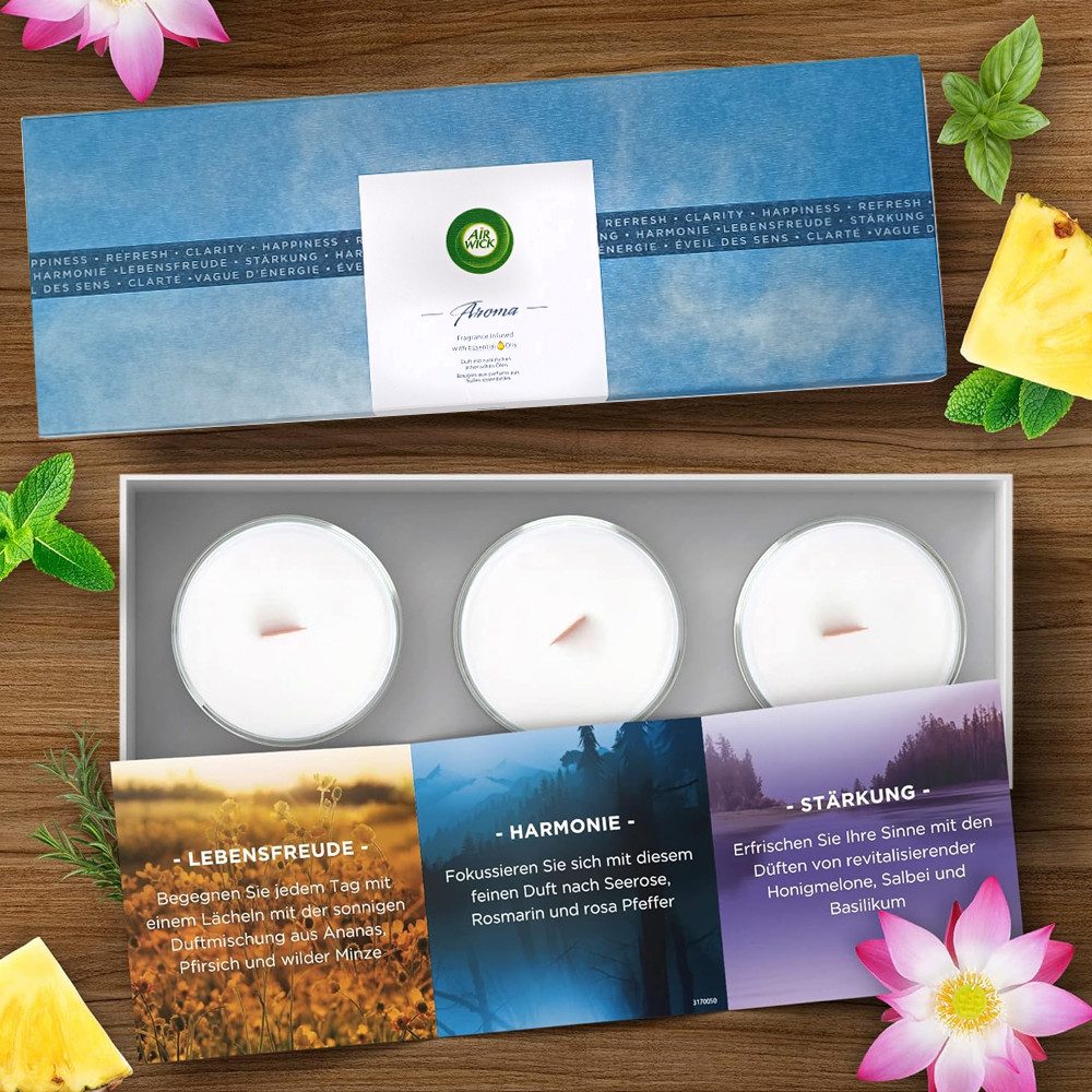 Air Wick Duftkerze Aroma-Duftkerzen Geschenkset mit 3 Kerzen im Glas (3x 220 g)