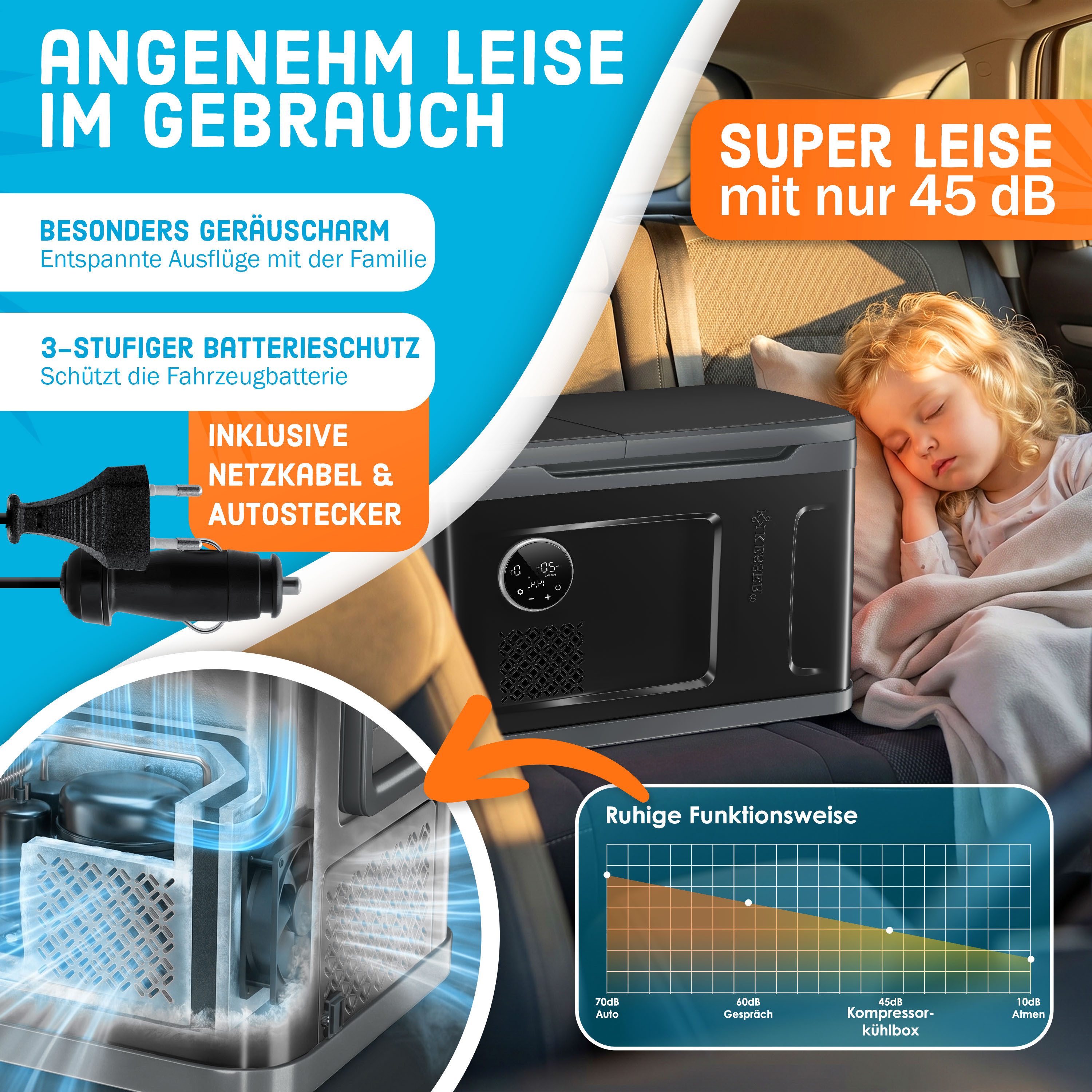 KESSER Kühlbox Kompressor 2in1 Doppelzone Kühl & Gefrierfach elektrische Gefrierbox, 40 l, mit 2x Kühlakkus & LED-Touch-Bedienung Kühlschrank bis -20 °C – Bild 5 von 5