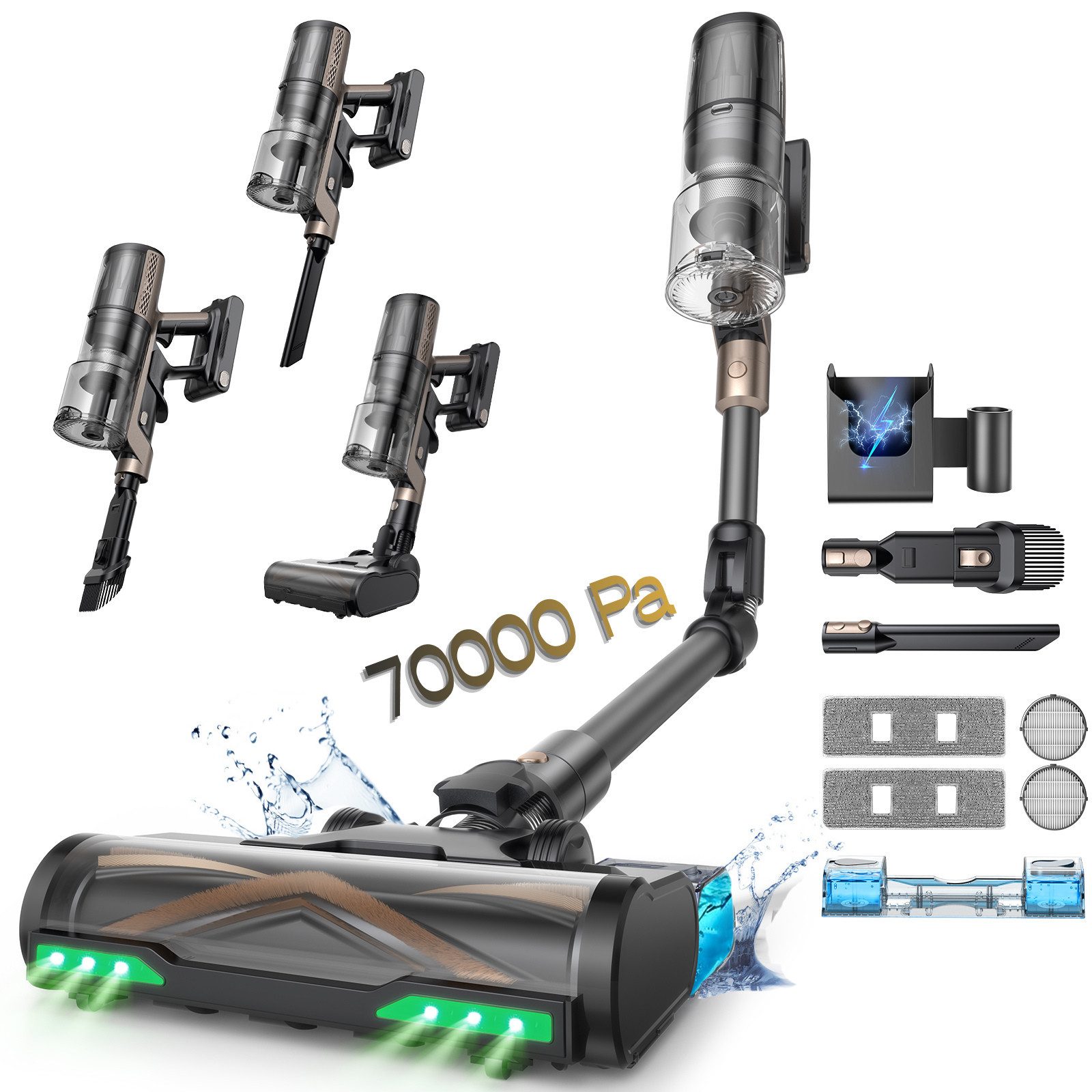 Proscenic Hand-und Stielstaubsauger PO20 OnePass 70KPA/70Min, Mit Wassertank&2-in-1 Staubsauger&Wischer, 680 W, beutellos, Klappstange, zur Reinigung unter niedrigen Möbeln