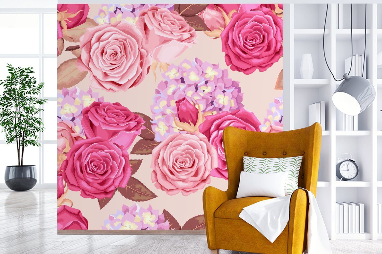 bedruckt, Blumen für Rosa, Tapete - Wohnzimmer (5 Fototapete Schlafzimmer, St), Rosen Vinyl Wandtapete - Matt, oder MuchoWow