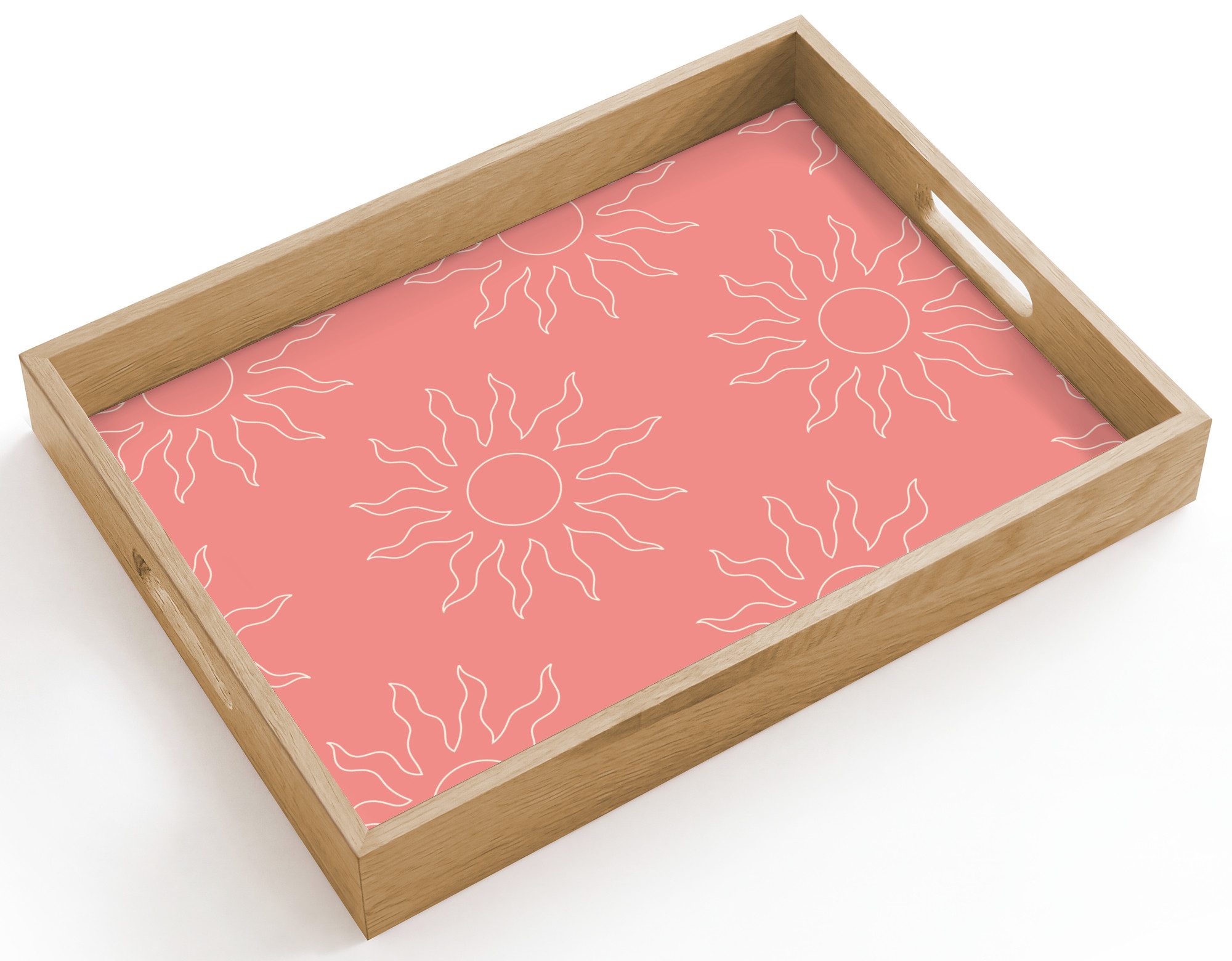 OnlyWow Tablett Rechteckig mit Henkel Sonne - Druck - Rosa - Weiß - Sommer, Eichenholz, (1-tlg), Siervierplatte, Tray, Frühstücksbrett