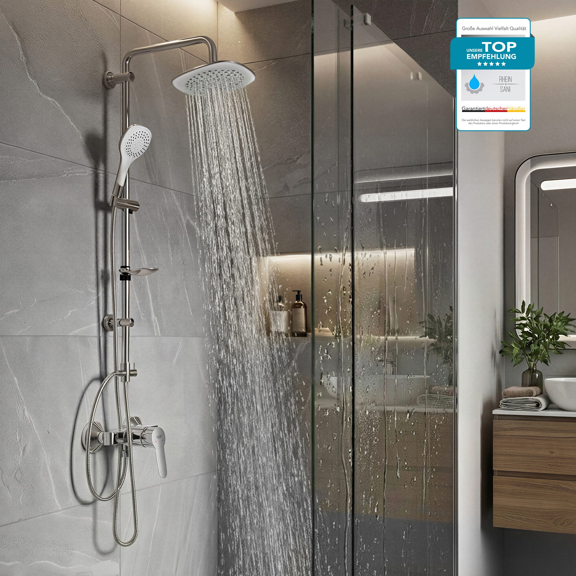 Grohe Duscharmatur BauEdge Duschsystem mit Einhandarmatur, Brause, Duschstange & Schlauch (Spar-Set) Chrom Duschset mit 1,5m Schlauch & Seifenhalter, mit Regendusche