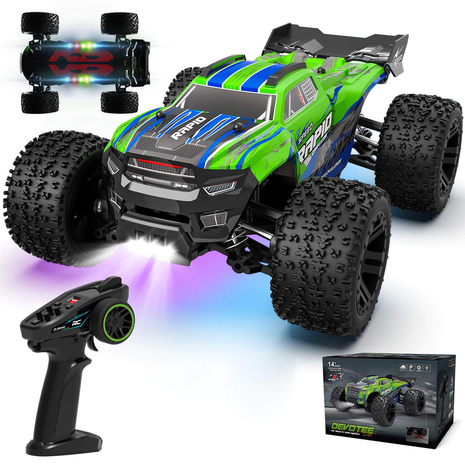Esun RC-Auto Ferngesteuertes Auto mit Farbiges Licht, 1/20 32+km/h RC Auto Offroad (SET, 2.4GHz Ferngesteuerter Monstertruck), Monstertruck, 4WD Ferngesteuerte Autos Erwachsene