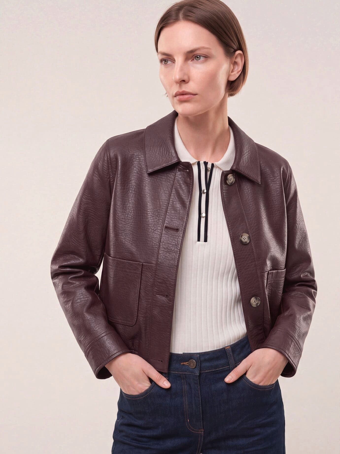 Walbusch Blouson Damen Veganer Blouson Lederoptik kurz Passform Italienisches Kunstleder, Merlot, Hemdkragen, 2 Taschen, pflegeleicht