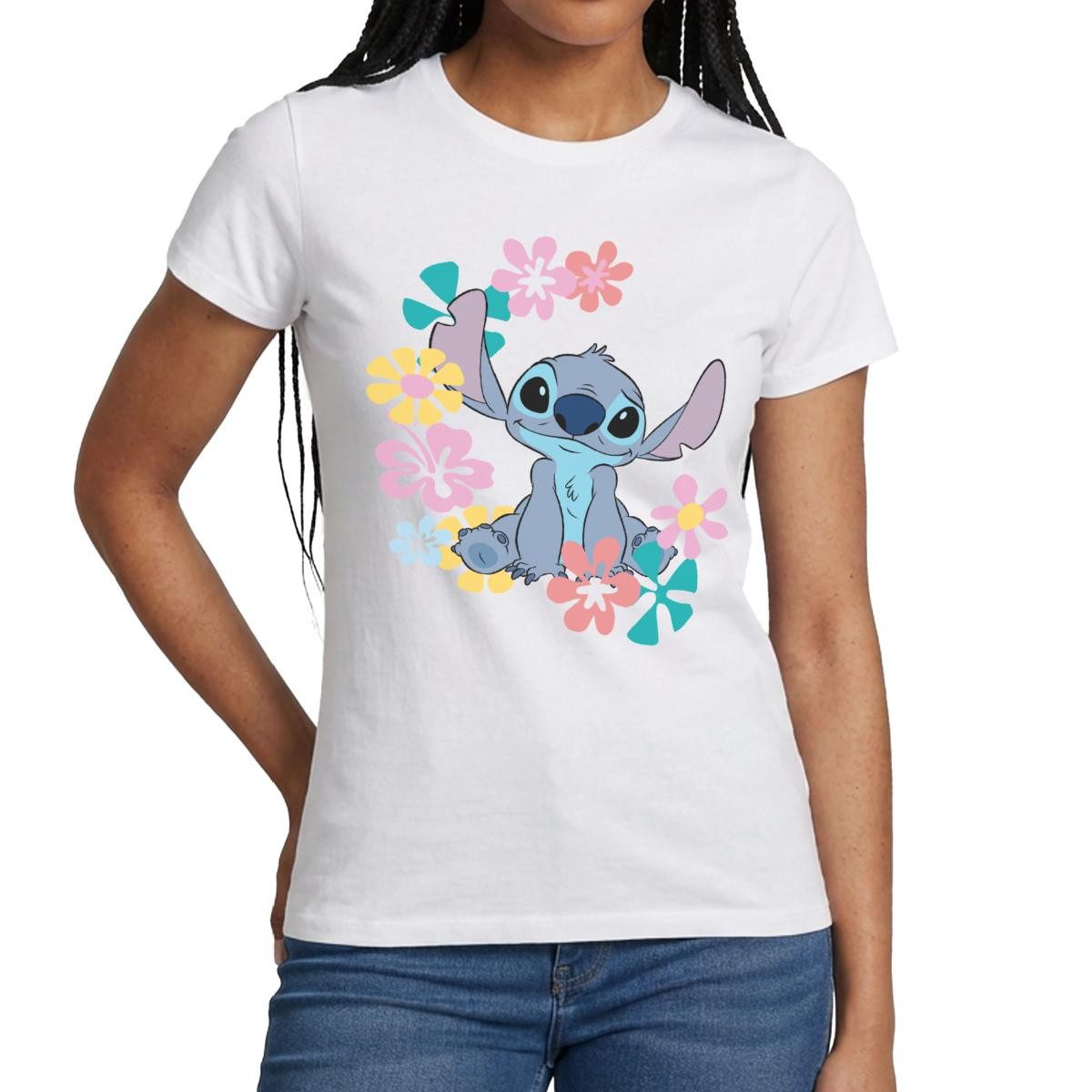 T-Shirt Lilo & Stitch, Stitch Mit Hawaiianischen Blumen Frauen T-Shirt