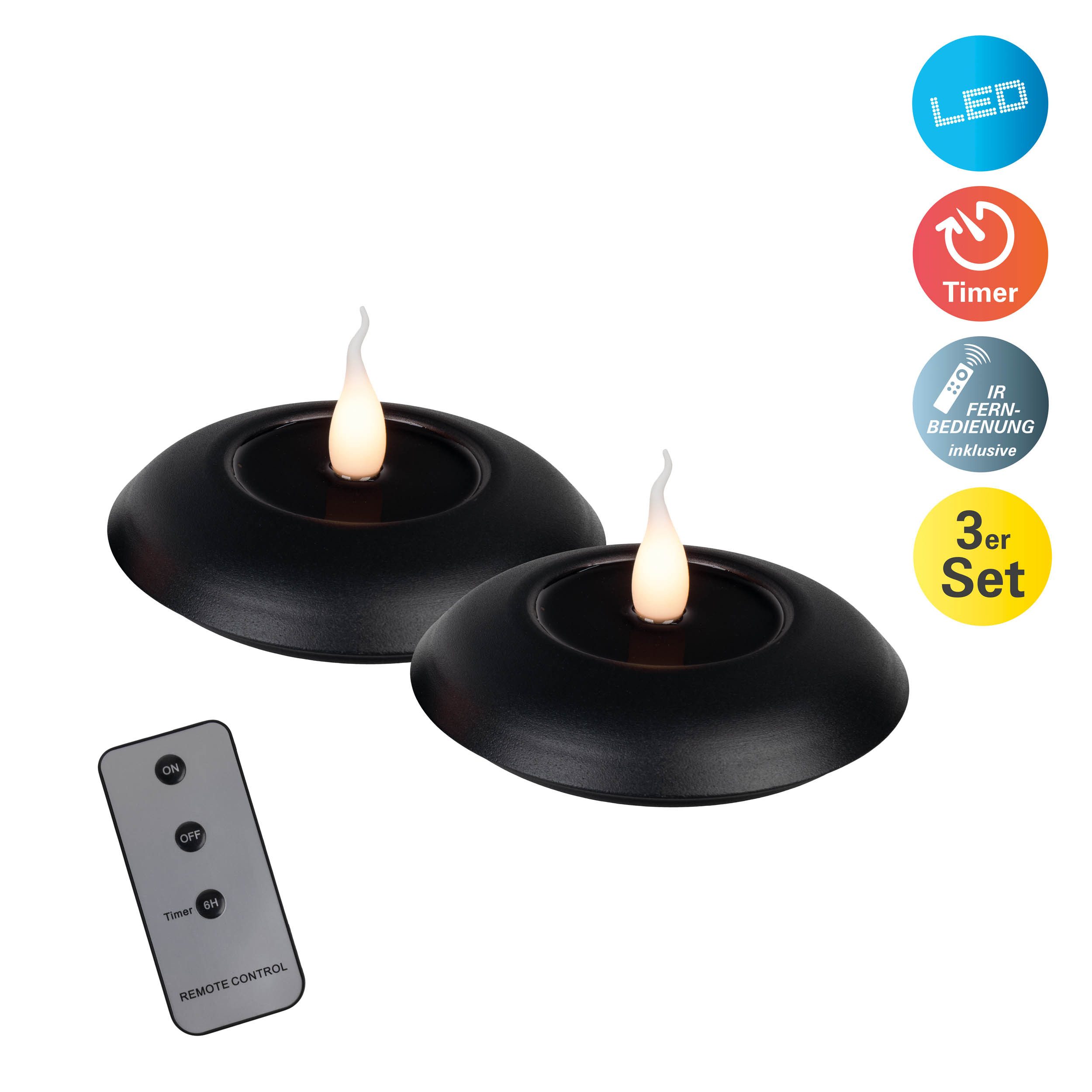 näve LED Dekolicht Leli, Timerfunktion, LED fest integriert, Warmweiß, 2er-Set LED Kerzen schwarz, Flammeneffekt, Timer, Schiebeschalter