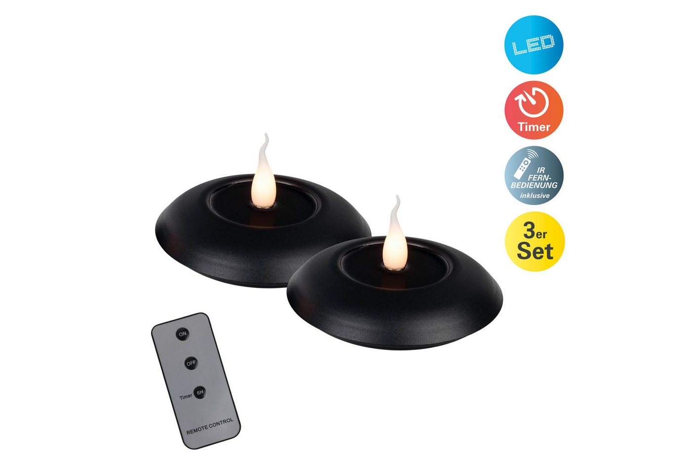 näve LED Dekolicht Leli, Timerfunktion, LED fest integriert, Warmweiß, 2er-Set LED Kerzen schwarz, Flammeneffekt, Timer, Schiebeschalter