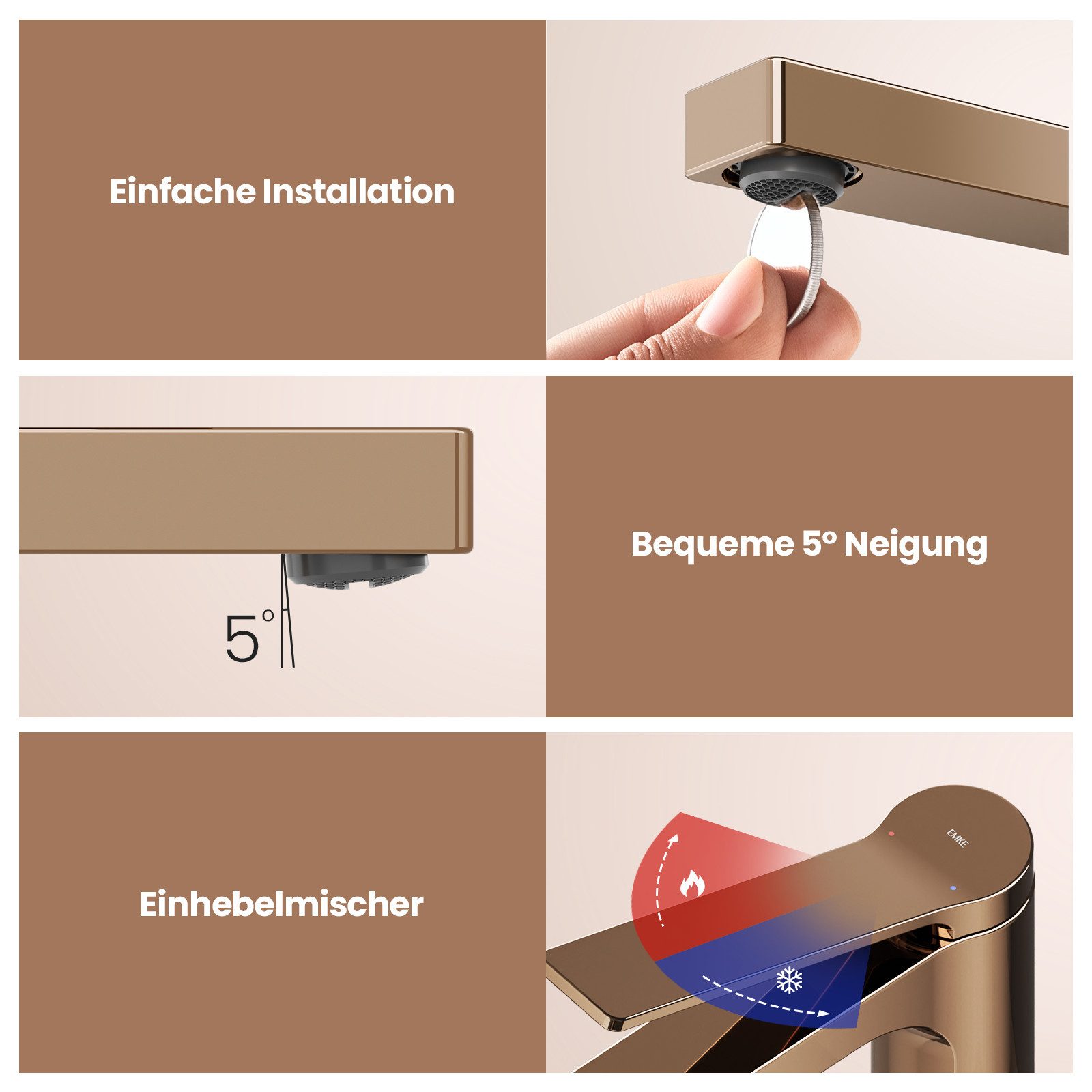 EMKE Waschtischarmatur Badezimmer Mischbatterien Einhebel Wasserhahn für Aufsatzbecken Kupfer (Mischbatterie) Höhe 12,5 cm, mit heißes und kaltes Wasser, chrom/Schwarz/Rose Gold/Weiß