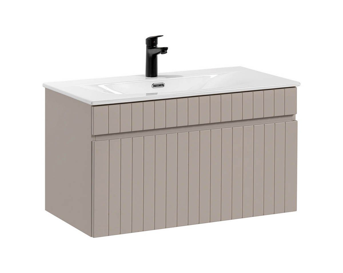 einfachgutemoebel Waschtisch-Set Badezimmer Waschplatz KARATA 80cm, Einbaubecken weiß, kaschmir grey, (Badmöbel Set, 1-St., Waschtisch Unterschrank)