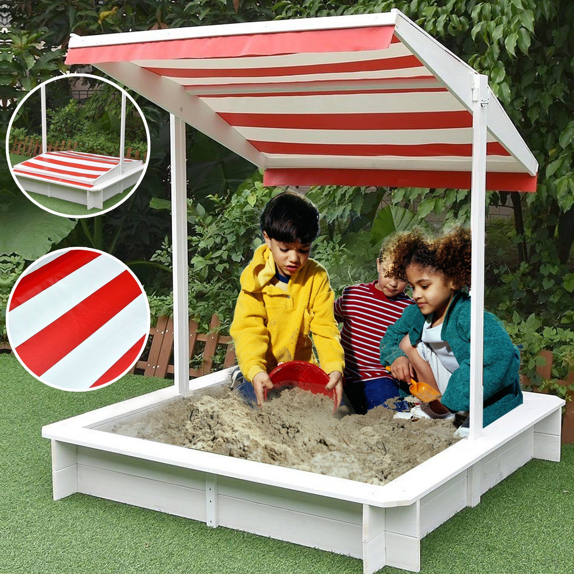 Sandkasten Holzsandkasten Sonnendach Sandkiste mit Überdachung Sandbox aus Holz in Weiß Spielhaus Absenkbar Sandkastenabdeckung Sandkastenspielzeug, (Stück), Sonnendach