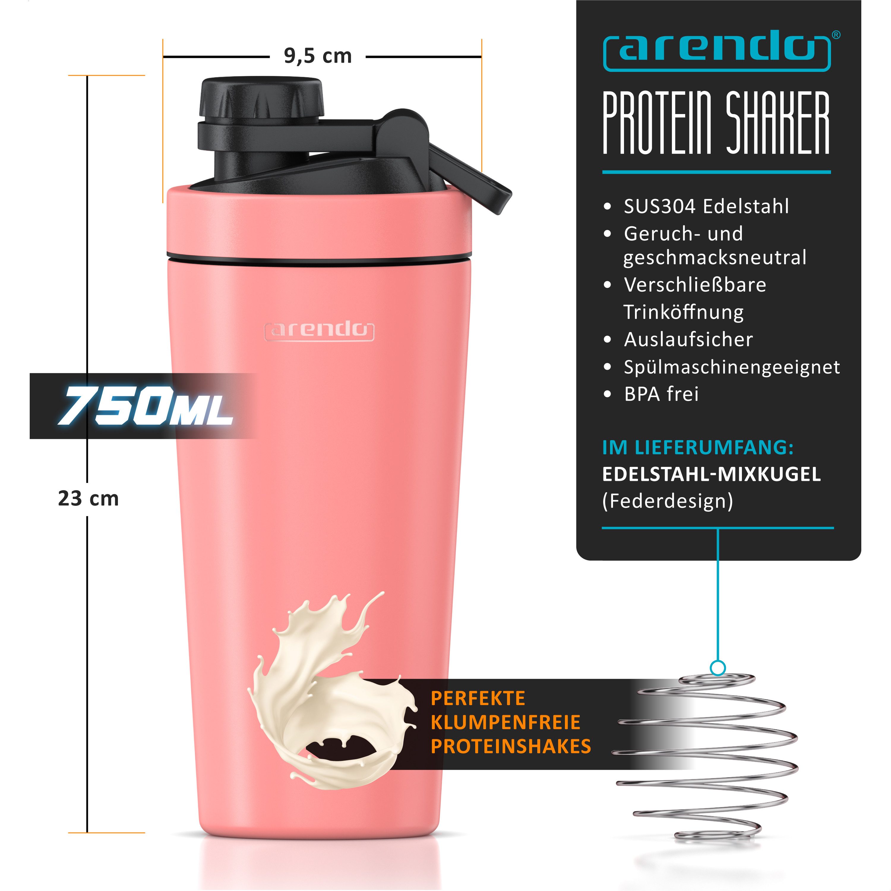 Arendo Protein Shaker Edelstahl Eiweißshaker 750 ml, korall, verschließbar, BPA-frei, Edelstahl, auslaufsicher, spülmaschinengeeignet, mit Tragegriff und Mixball