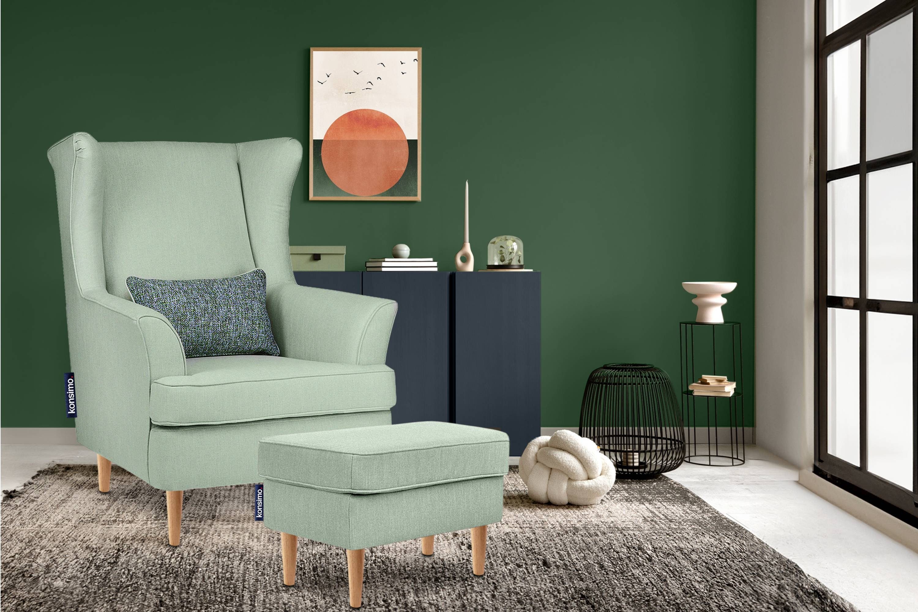 Konsimo Ohrensessel STRALIS Sessel dekorativem Design, Kissen zeitloses inklusive hohe Füße, Hocker, mit