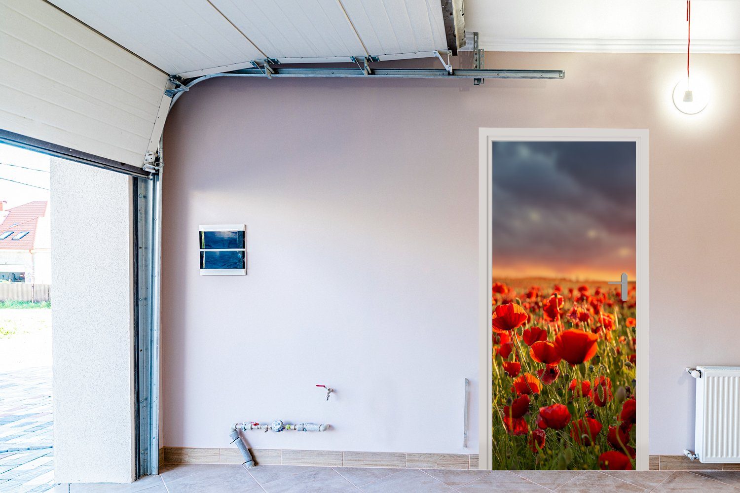 MuchoWow Tür, für Türaufkleber, von Fototapete Mohnblumen, Feld Sonnenuntergang Türtapete 75x205 über St), einem bedruckt, Matt, (1 cm