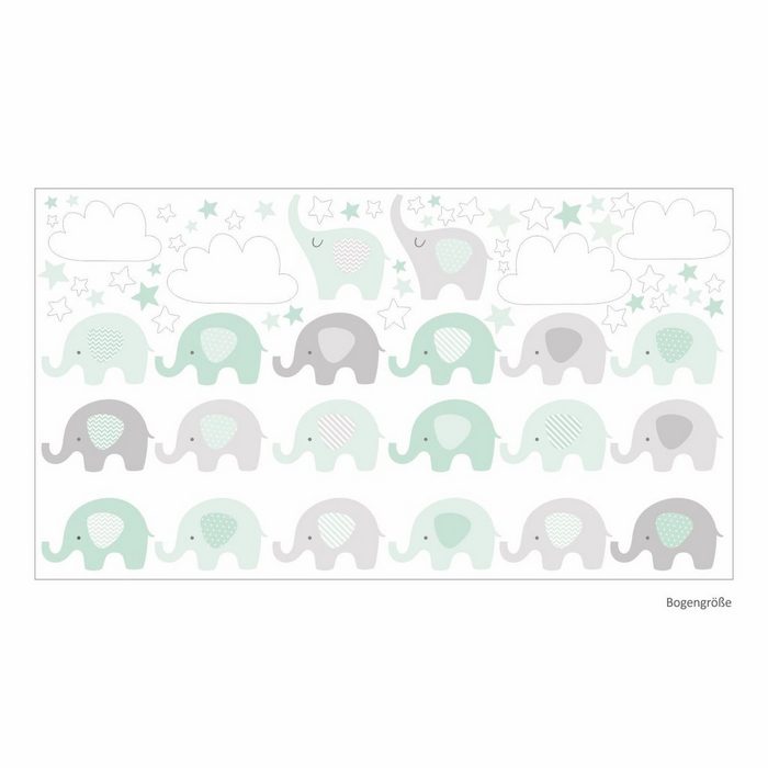 nikima Wandtattoo 165 Elefanten mint Wolken Sterne weiß grau (PVC-Folie) in 6 vers. Größen