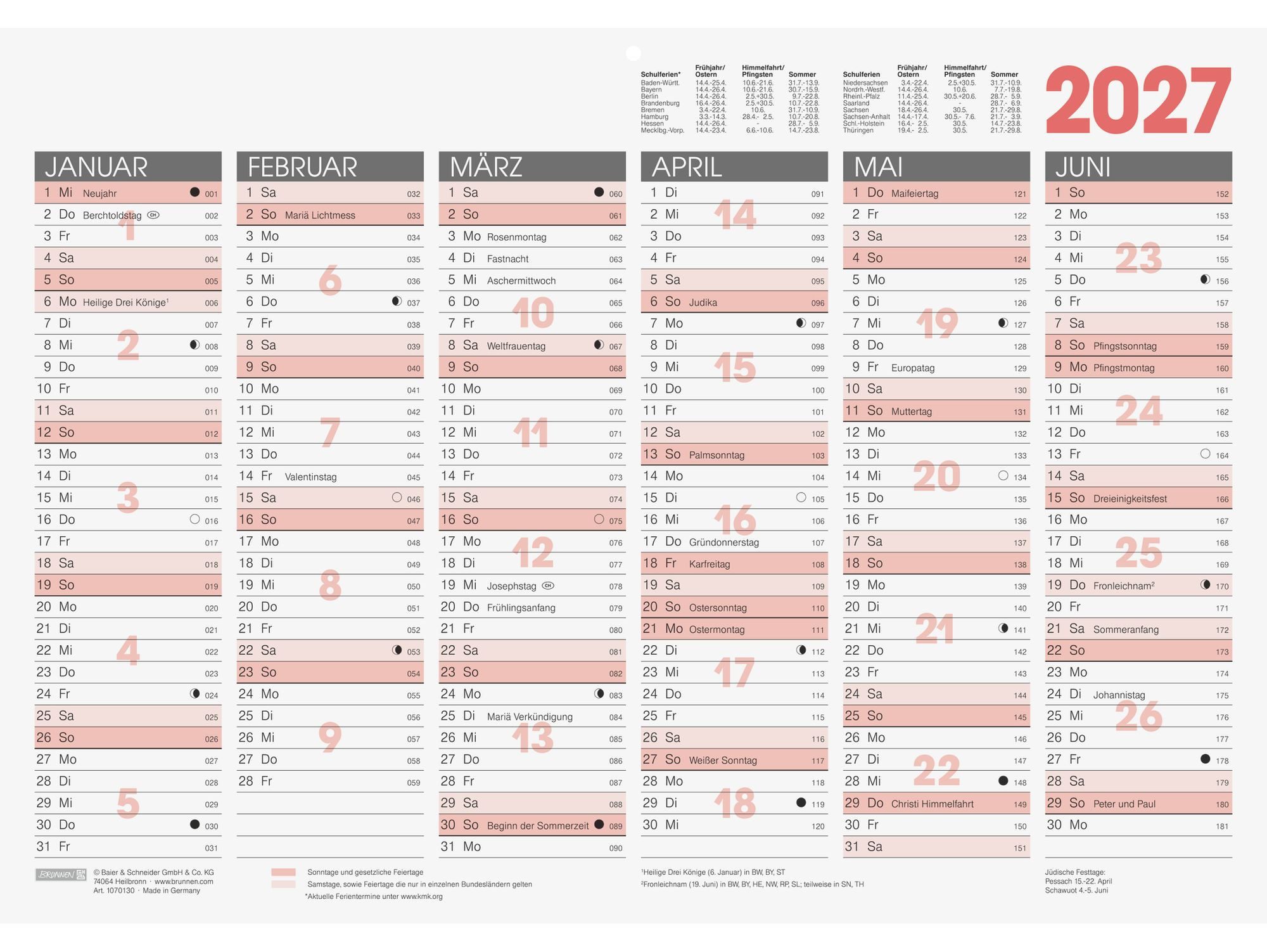 Baier & Schneider Wandkalender Tafelkalender 2027 A3 quer 6 Monate pro Seite, 6 Monate pro Seite