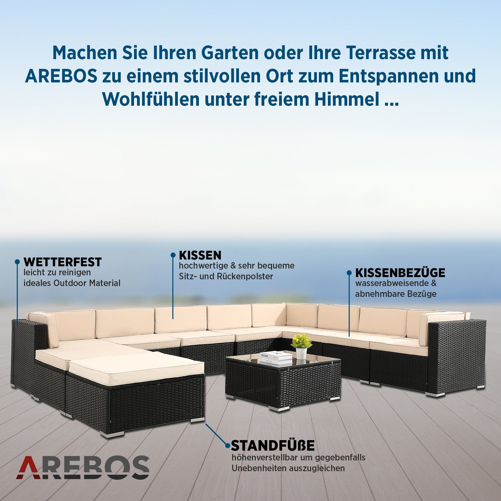 Arebos Loungesofa Polyrattan Cannes, Inkl. Sitzkissen, günstig online kaufen