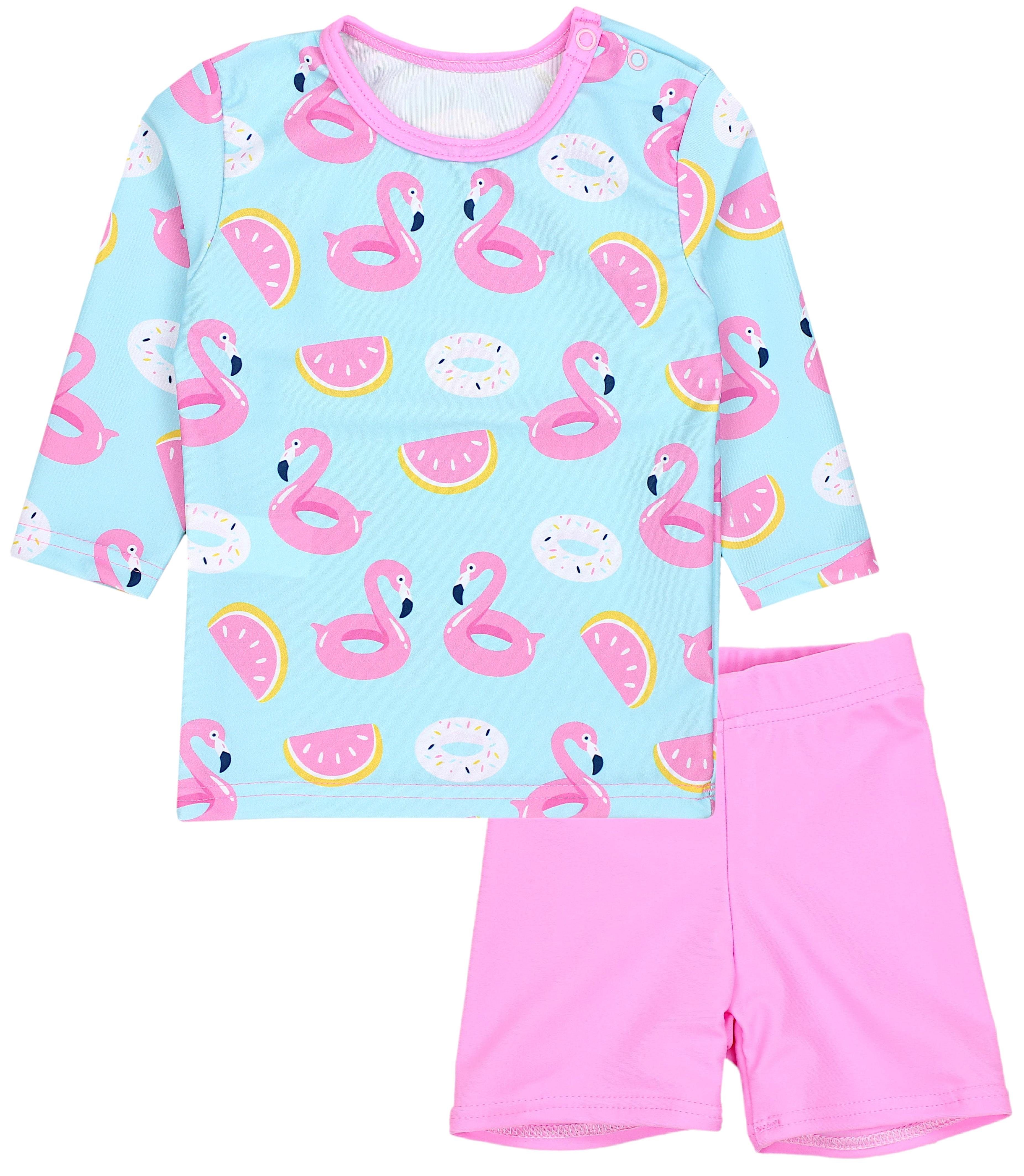 Hellgrün Shirt Badeanzug Zweiteiler Rosa Mädchen / Langarm Badeanzug Badehose / Kinder UV-Schutz Aquarti Baby Flamingos Set