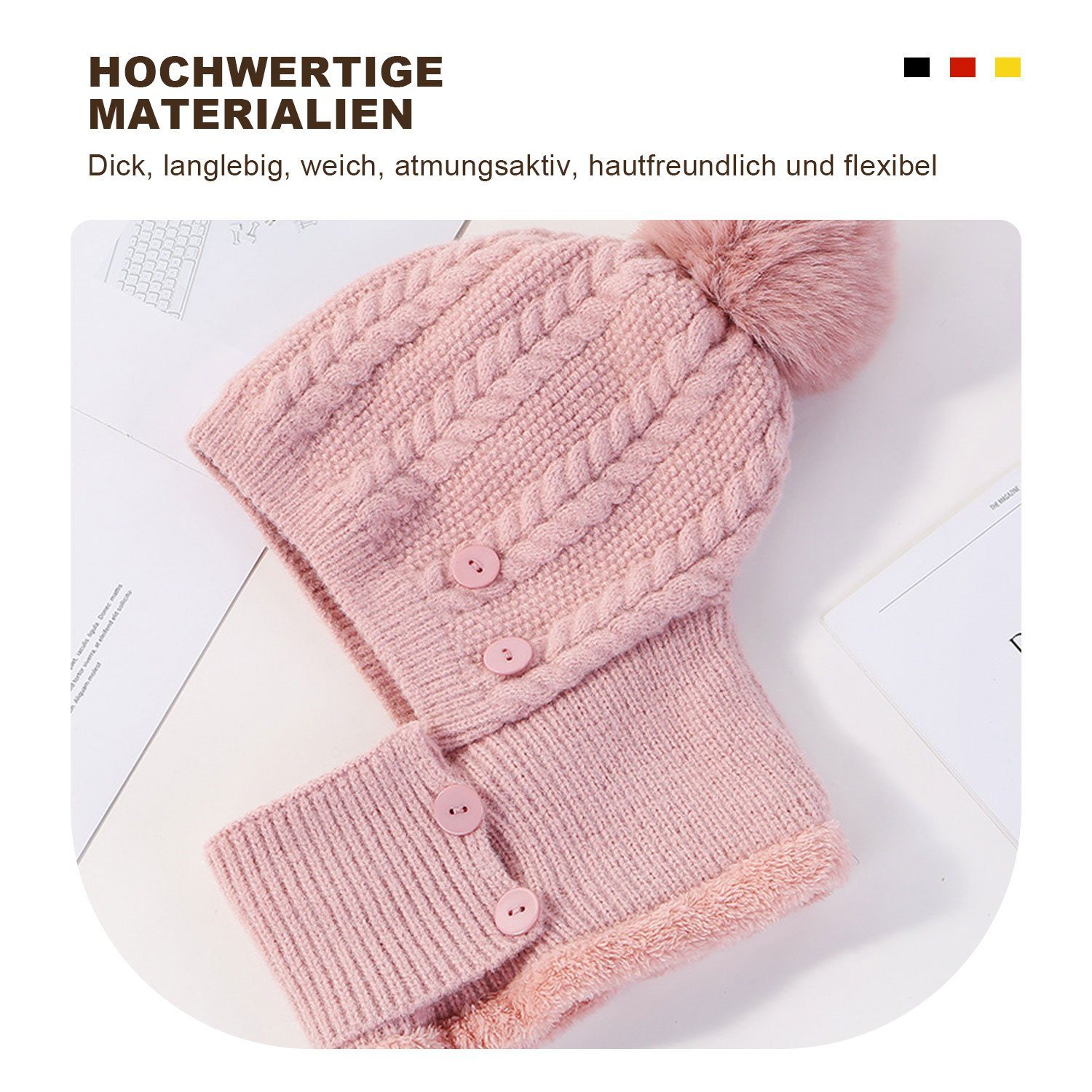 Sturmhaube Mützen-Schal-Set Rosa MAGICSHE 2-in-1 warmes Strickmütze Damen