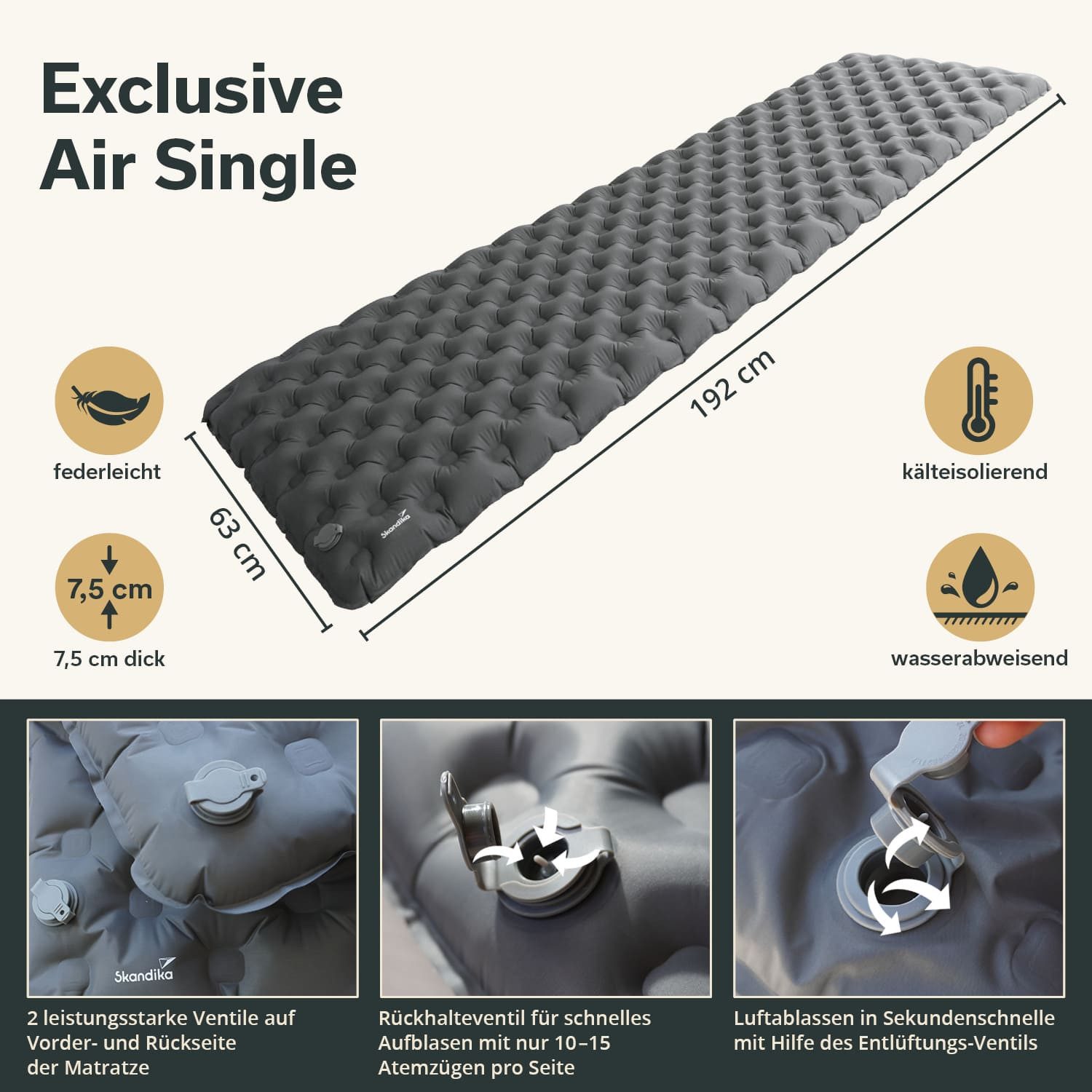 Skandika Isomatte Exclusive Air Single, Aufblasbare Schlafmatte, Campingmatte, Zelt, (Strapazierfähig, reißfest, wasserabweisend, atmungsaktiv), ultraleicht, Aufblasbare Luftmatratze, kleines Packmaß Outdoor/Indoor