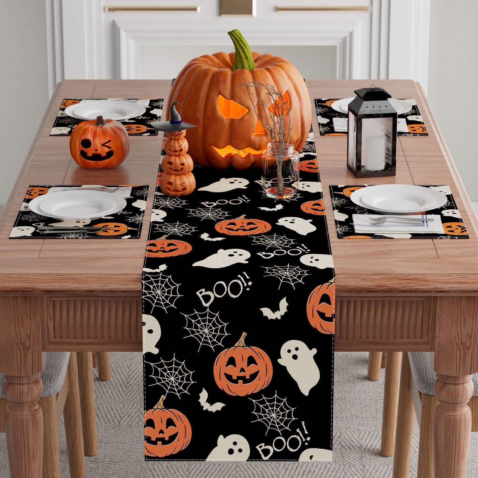Bomiclss Tischläufer Halloween Tischläufer Leinen,Geister-Kürbis-Tischläufer, 33 × 183 cm, Tischdekoration für Zuhause, Küche, Esszimmer, Dinner, Innenbereich