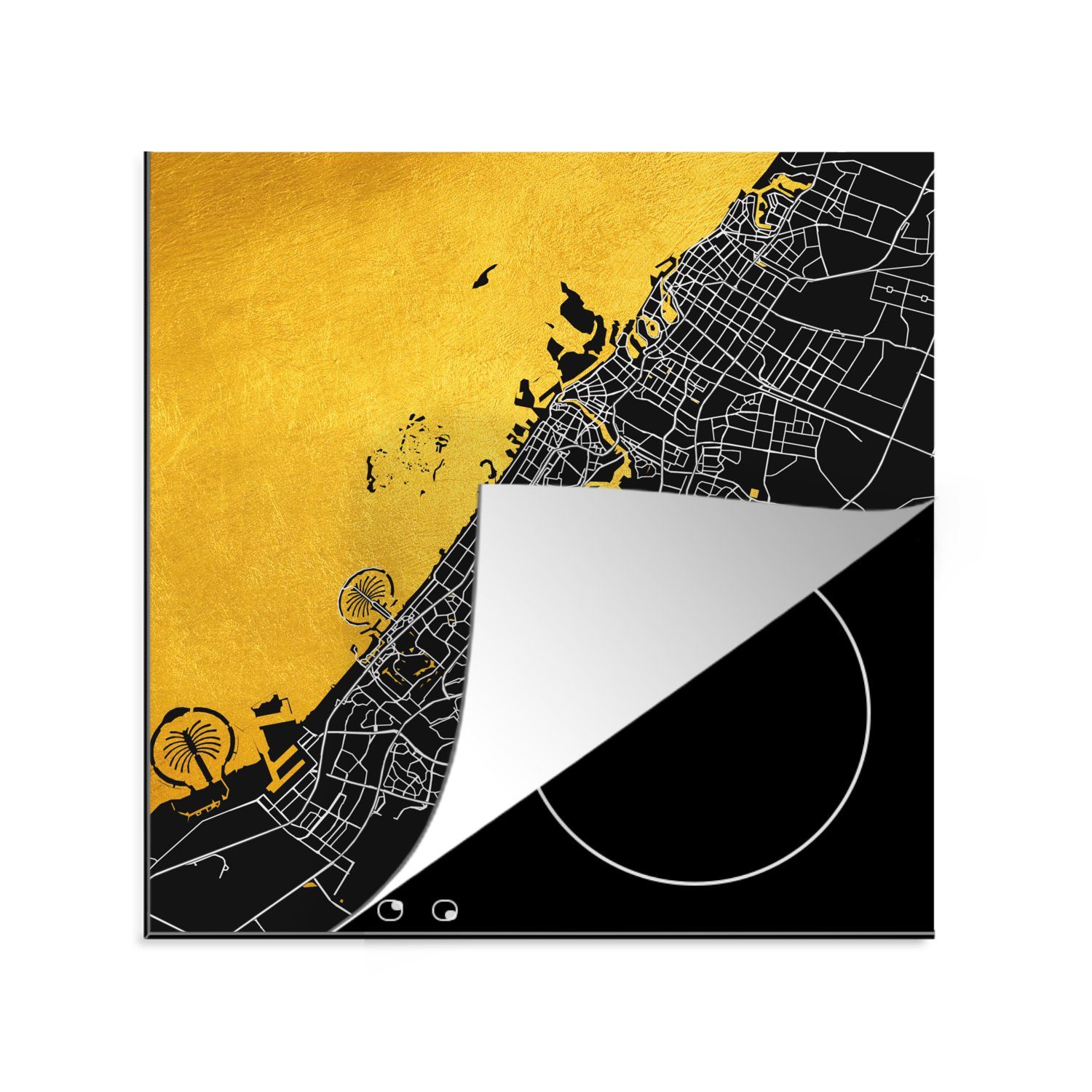 MuchoWow Herdblende-/Abdeckplatte Dubai - Gold - Stadtplan - Karte, Vinyl, (1 tlg), 78x78 cm, Ceranfeldabdeckung, Arbeitsplatte für küche
