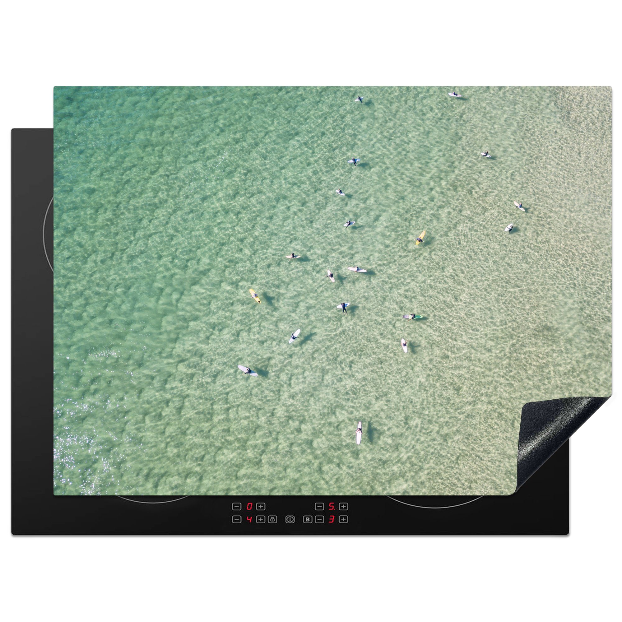 MuchoWow Herdblende-/Abdeckplatte Surfer im Meer am Bondi Beach in Australien, Vinyl, (1 tlg), 70x52 cm, Mobile Arbeitsfläche nutzbar, Ceranfeldabdeckung