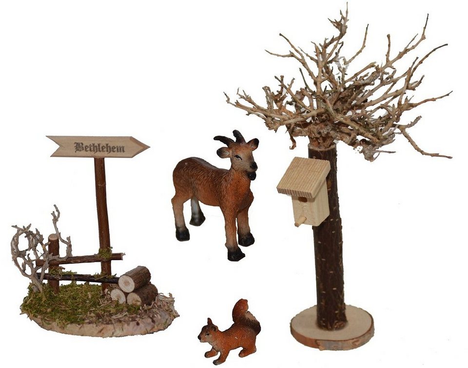 Alfred Kolbe Krippen-Zubehör Weihnachtsdeko (Set, 4tlg), Bethlehemschild,  Baum mit Vogelhaus, inkl. Ziege und Eichhörnchen