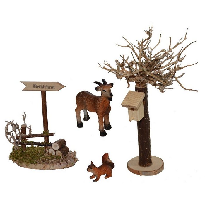 Alfred Kolbe Krippen-Zubehör Weihnachtsdeko (Set 4tlg) Bethlehemschild Baum mit Vogelhaus inkl. Ziege und Eichhörnchen