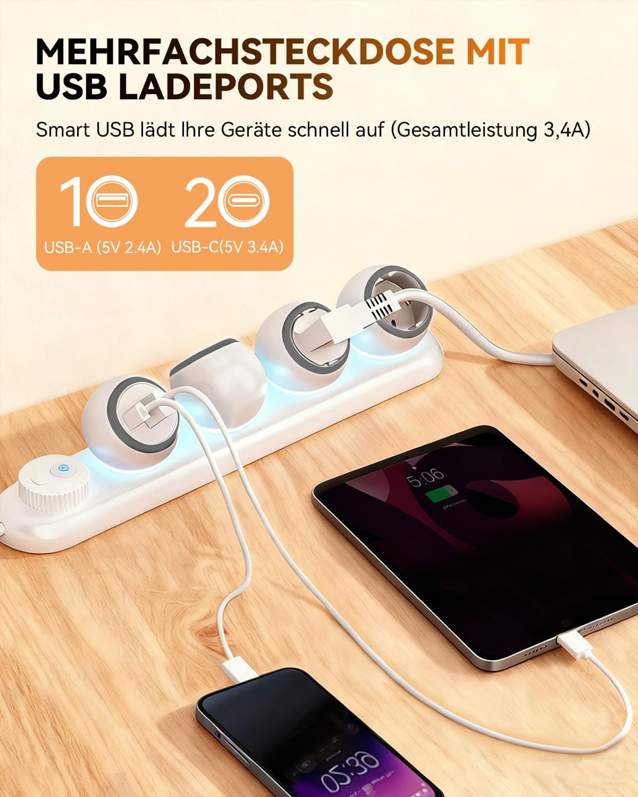 Luckice 360° drehbare Steckdosenleiste 3-Fach mit 3 USB(2 USB-C + 1 USB-A) Steckdosenleiste 3-fach (Schalter & LED Stimmungslicht, Wandmontage, Mehrfachsteckdos – Bild 5 von 5