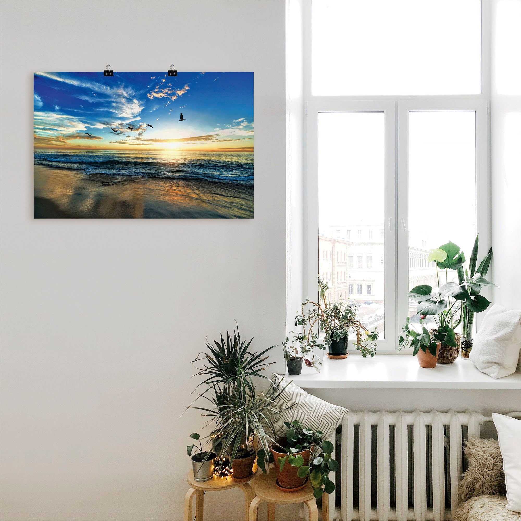 Artland Wandbild Strand Möwen Meer Sonnenuntergang, Sonnenaufgang & -untergang (1 St), als Leinwandbild, Poster in verschied. Größen