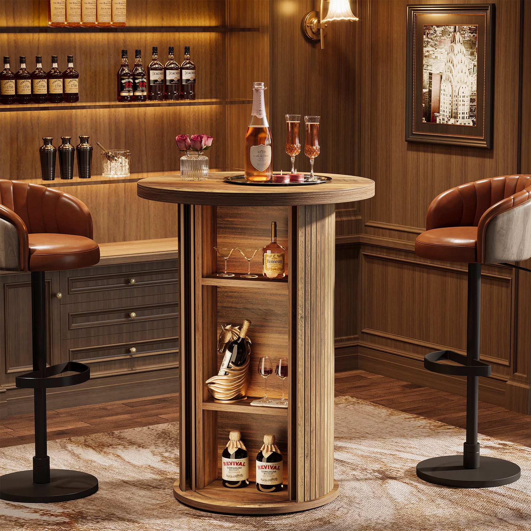 Tribesigns Bartisch Runder Bartisch 90 cm, 3-stöckiger Bistrotisch Mit Schiebetüren