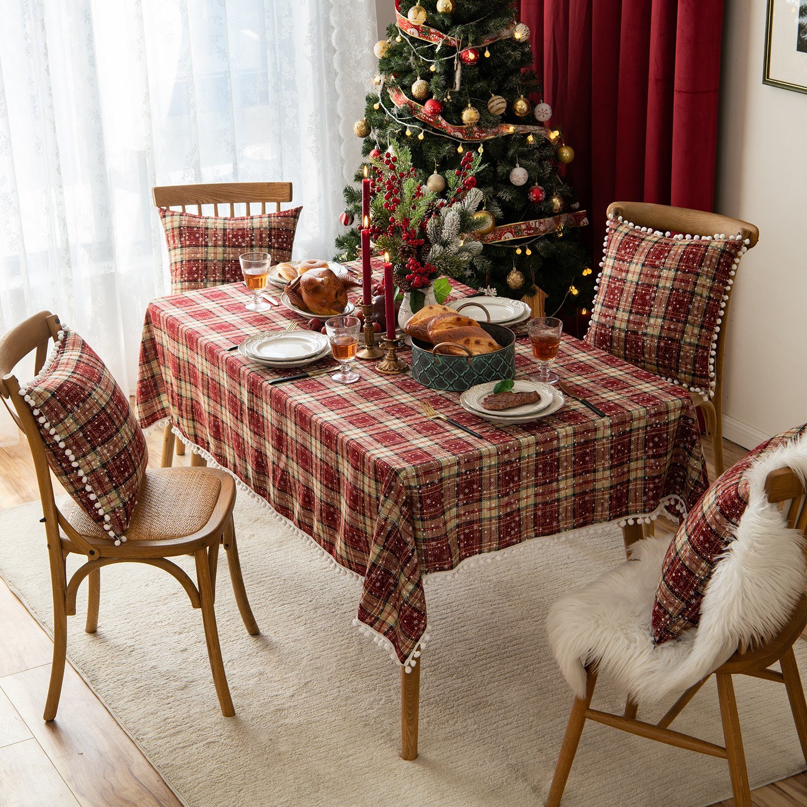 Kissenbezug Schneeflocke Pompon, kariert, Stuhldeko für Tisch- Rosnek (1 Weihnachten, und zu Schneeflocke+Pompon Stück)