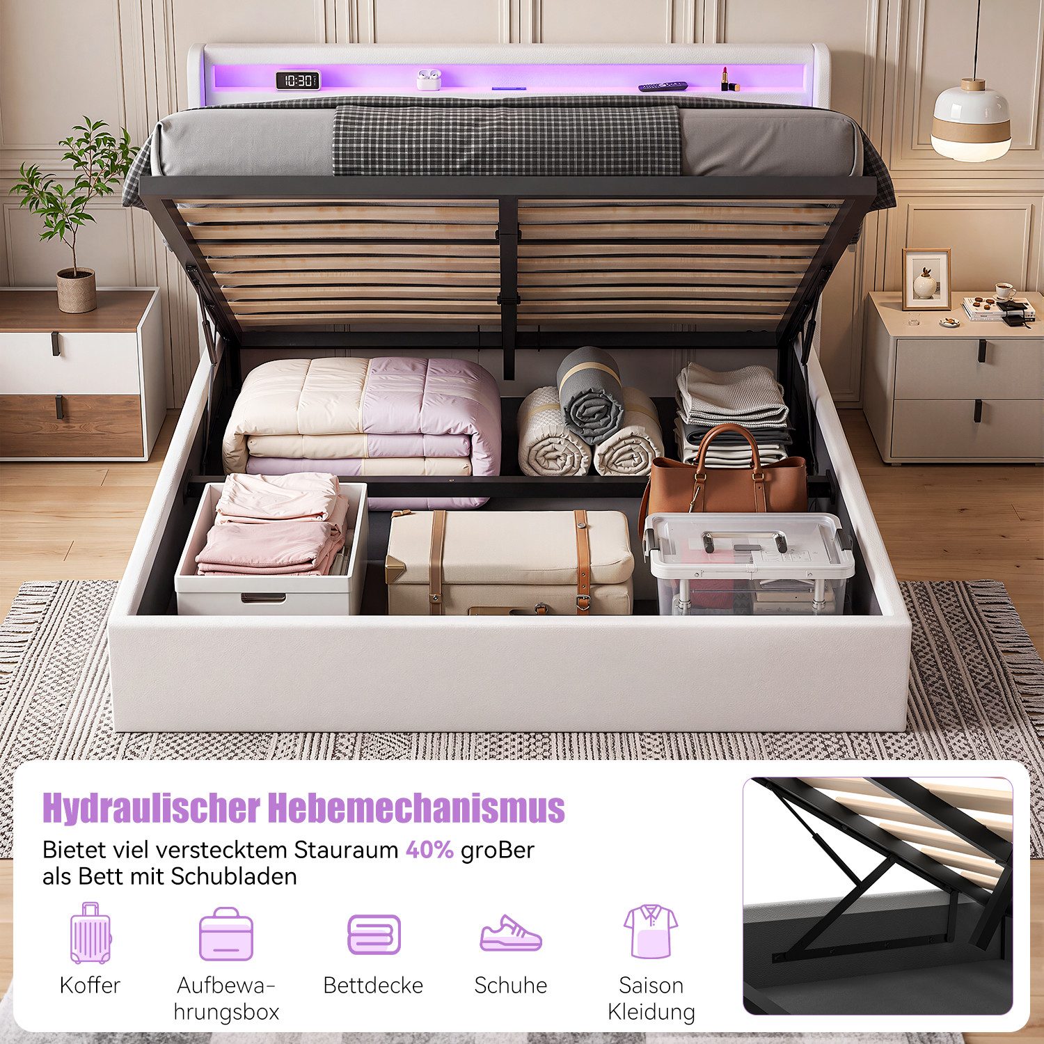 oyajia Polsterbett Bettrahmen mit LED-Beleuchtung und Ladestation, PU-Kunstleder (Type-C + USB, Hydraulisch hebbarer Stauraum), Jugendbett Bettgestll mit Bettkasten, Ohne Matratze