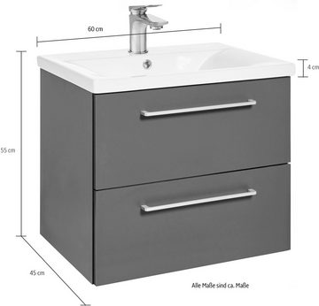 Schildmeyer Waschtisch Kent Badezimmerschrank Hängeschrank Bad WC mit Waschbecken, Waschplatz Badmöbel Breite 60 cm 2 Auszüge mit Softclose