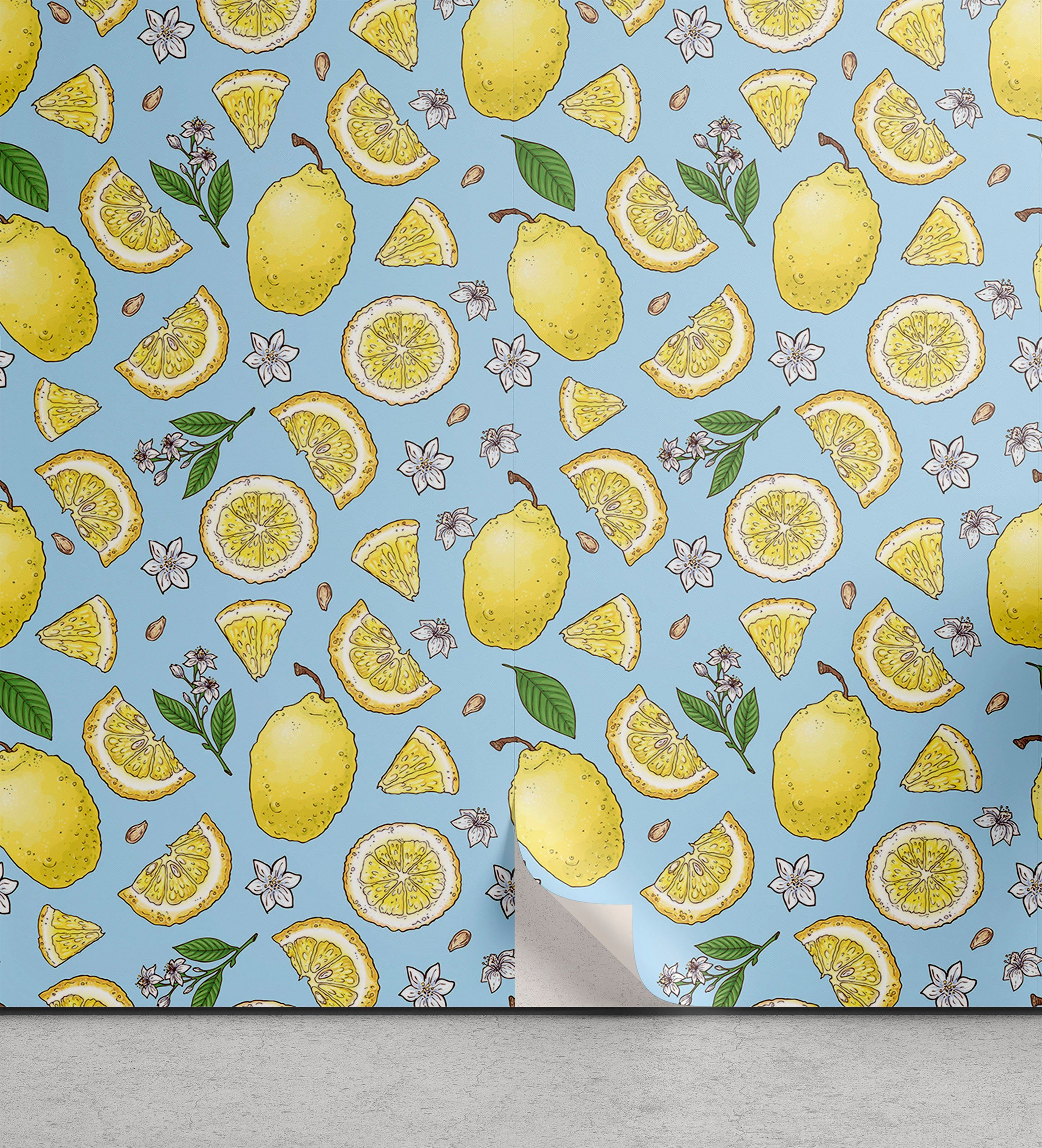 Abakuhaus Vinyltapete selbstklebendes Wohnzimmer Küchenakzent, Zitronen Bunte Citrus Blumen-Kunst | Vinyltapeten