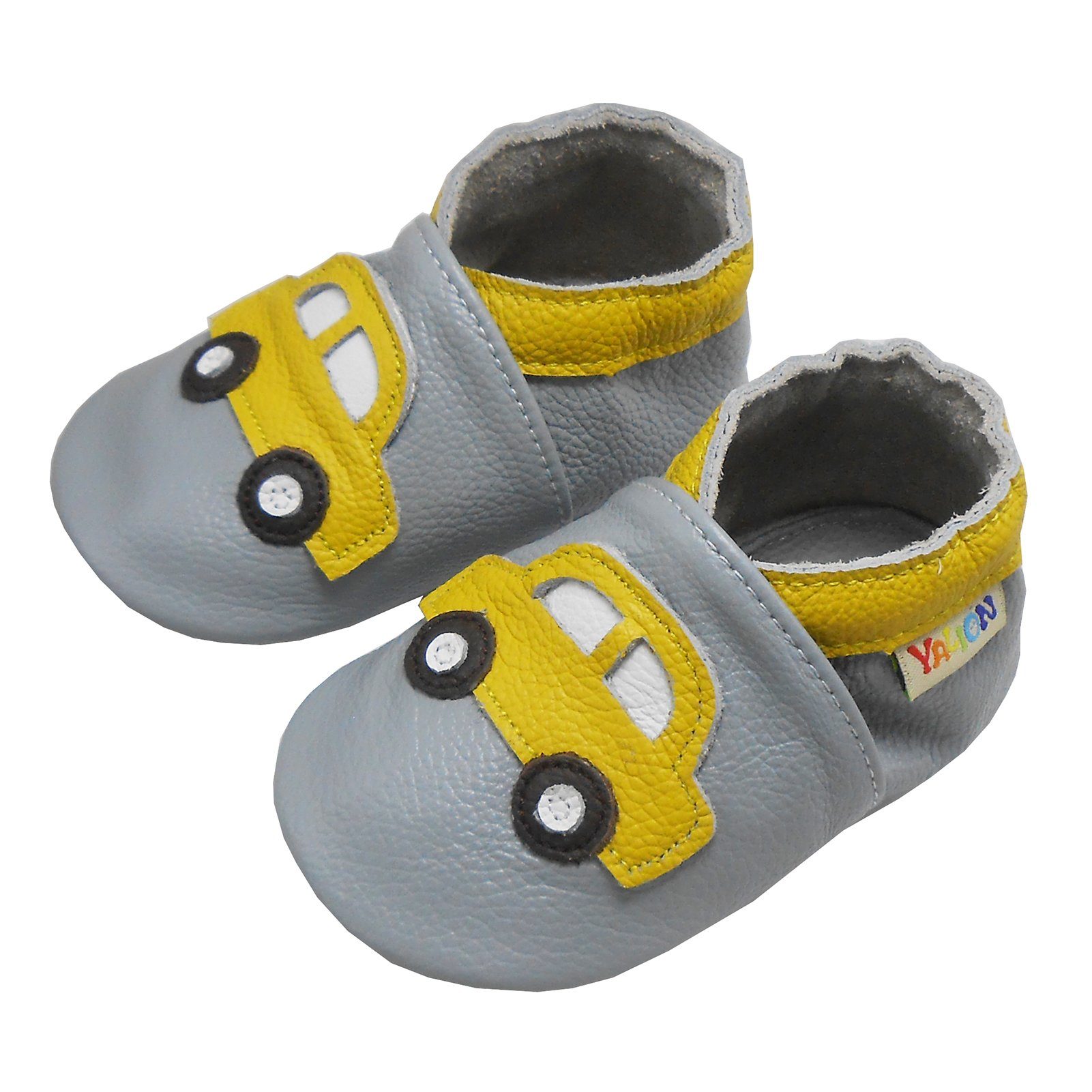 Yalion Weiche Leder Lauflernschuhe Hausschuhe Lederpuschen Gelbes Auto Krabbelschuh aus echtem Leder