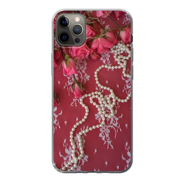 MuchoWow Handyhülle Perlenketten entlang Bouquet mit rosa Rosen Handyhülle Apple iPhone 13 Pro Max Smartphone-Bumper Print Handy