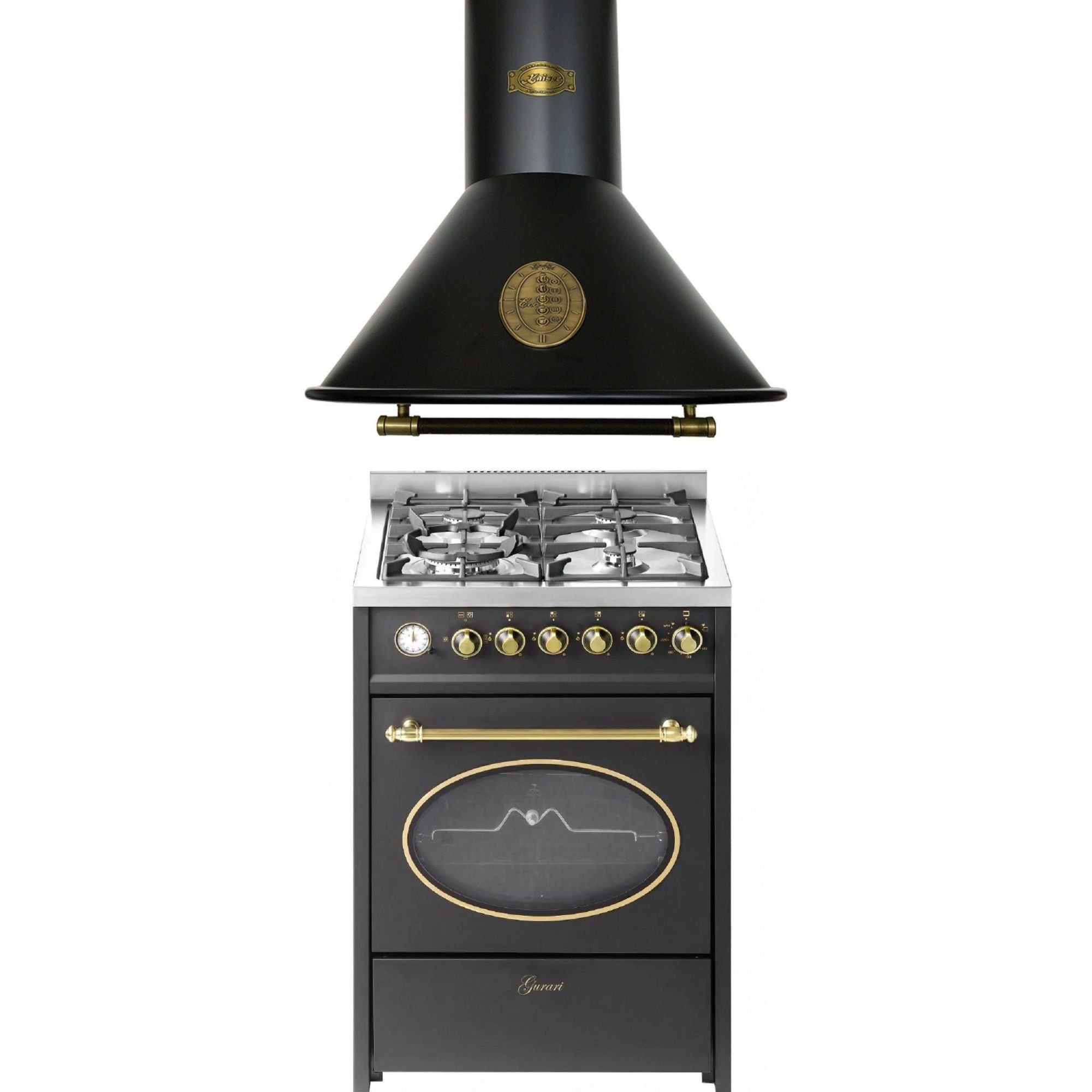 GURARI Gas-Standherd Gas Standherd 60 cm Erdgas Fl.Gas 4 Kw WOK Gasgrill/55 L+Dunstabzugshaube 60cm Nostalgie Design 3 Stufen GCH G 614 BR+A 6423 BE ECO, mit 1-fach-Teleskopauszug, Gas Standherd 60 cm+Dunstabzugshaube 60cm