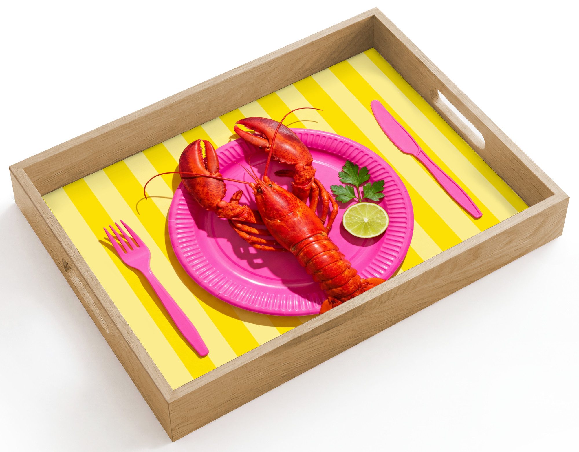 OnlyWow Tablett Rechteckig mit Henkel Essen – Rosa – Gelb – Modern – Kulinarisch, Eichenholz, (1-tlg), Siervierplatte, Tray, Frühstücksbrett