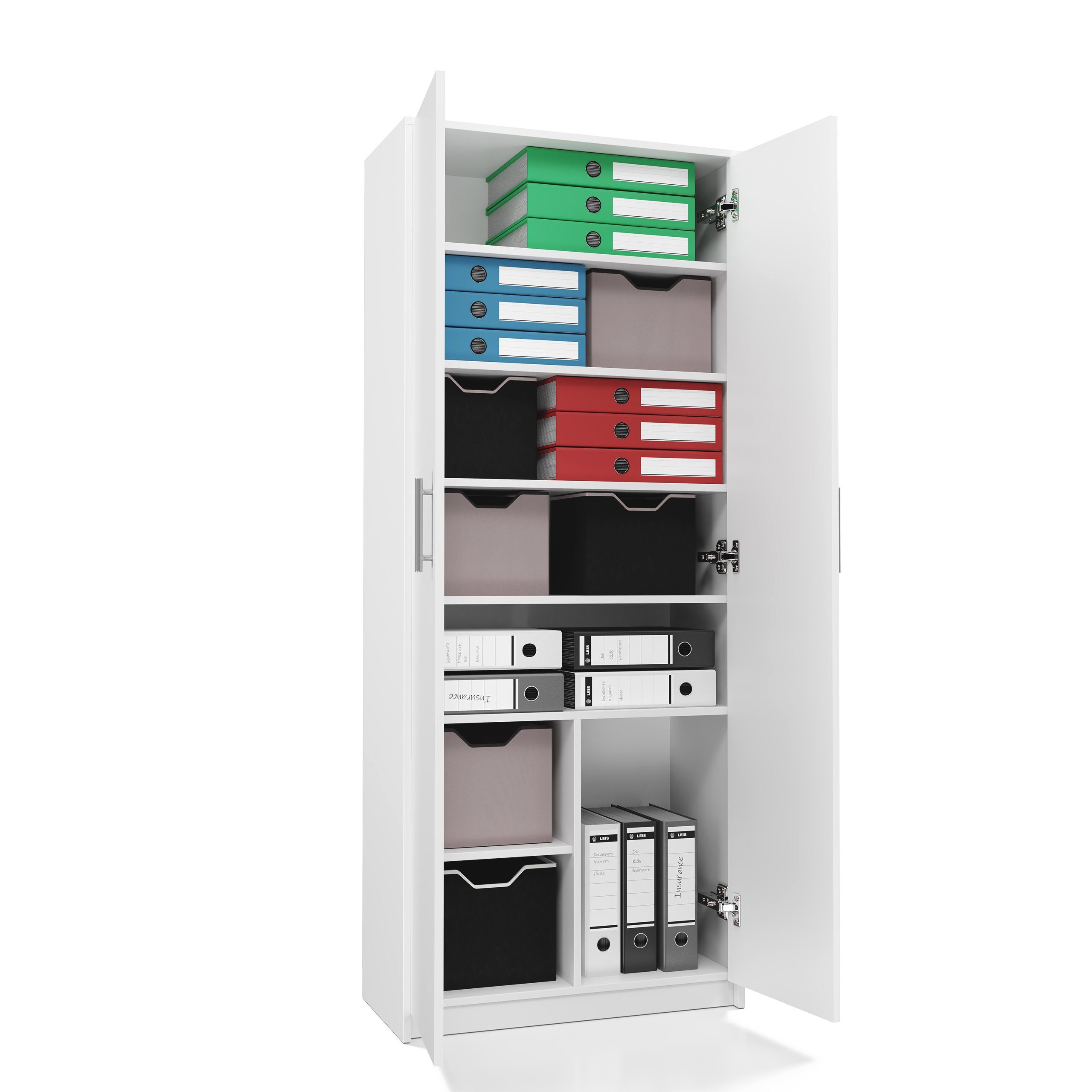 sechs mit 180cm 74cm Schrank Haushaltsschrank Holz Aktenschrank Breite Home weiß Collective Mehrzweckschrank Höhe Extra-Fach, mit aus MDF Organizer Einlegeböden