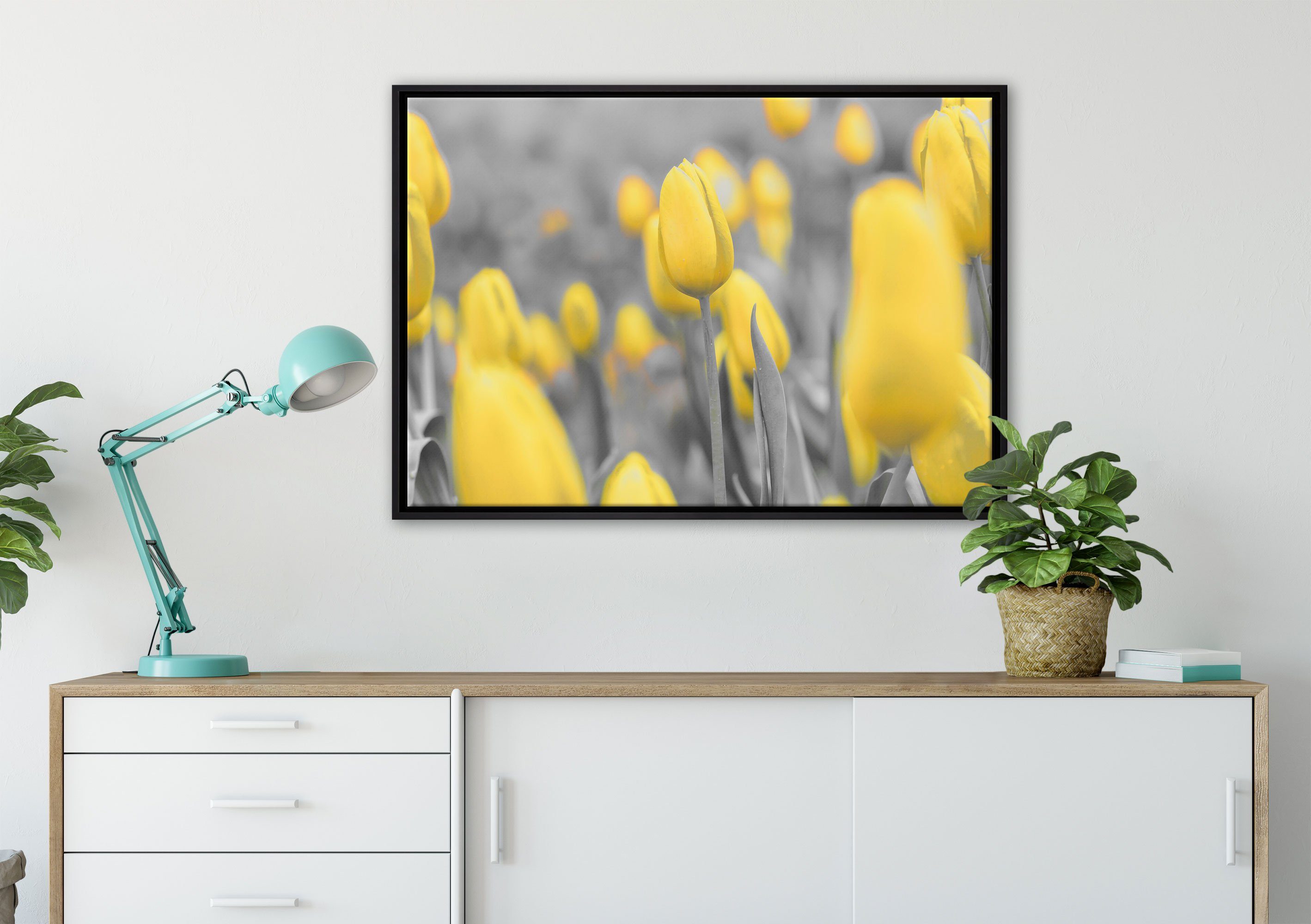 Leinwandbild gefasst, Tulpenmeer, Gelbes in Schattenfugen-Bilderrahmen (1 St), inkl. Leinwandbild Wanddekoration bespannt, einem Zackenaufhänger Pixxprint fertig