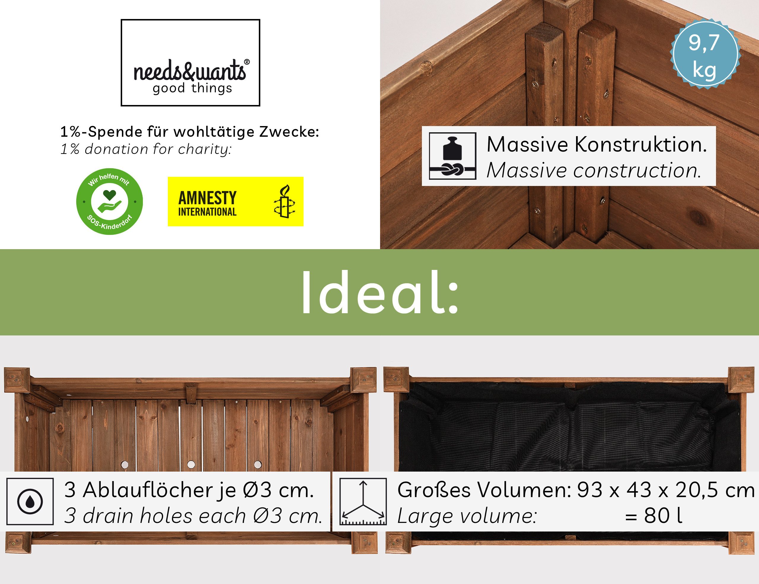 needs&wants® Hochbeet aus Holz für Garten Balkon Terrasse schmal, Pflanzkas günstig online kaufen