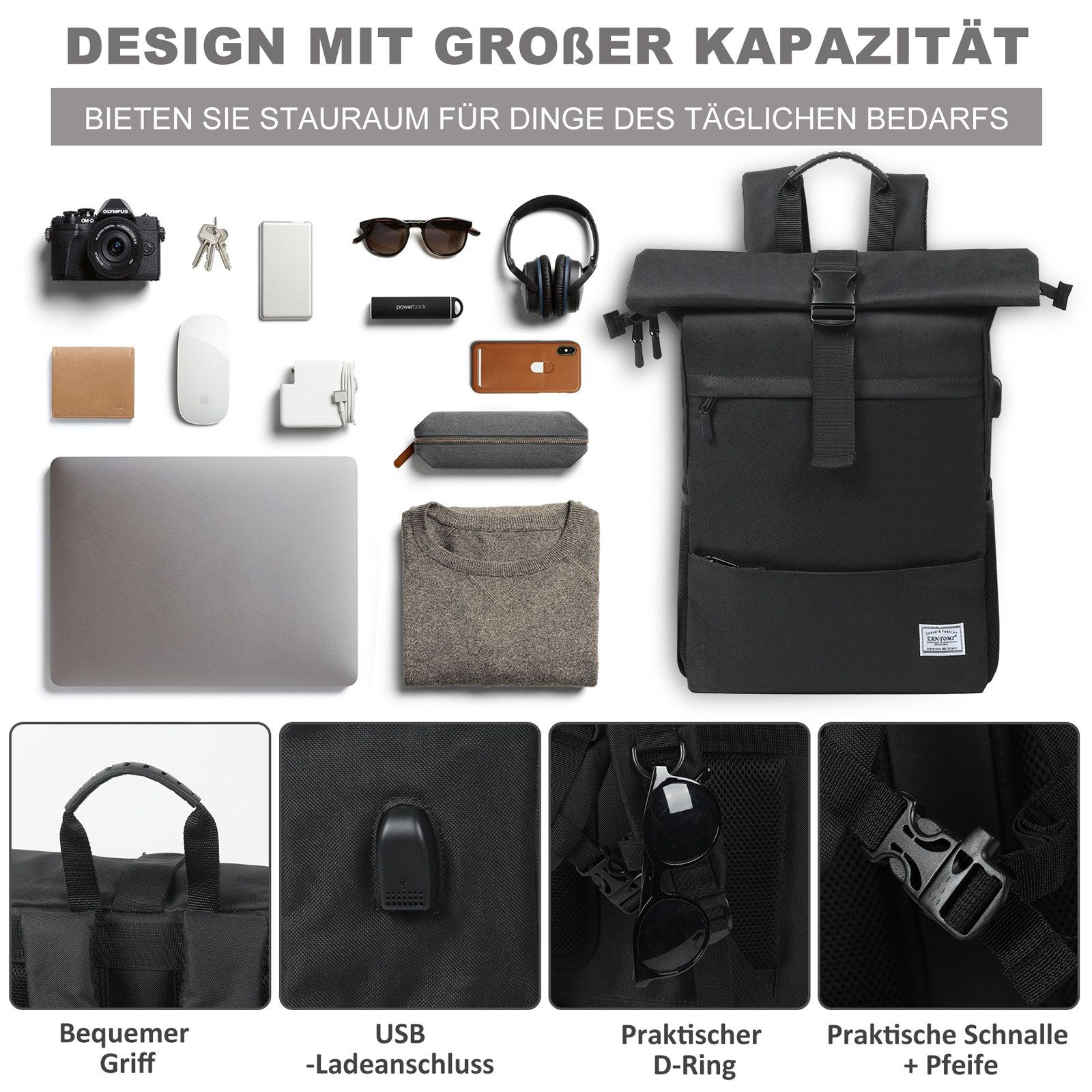 TAN.TOMI Cityrucksack Freizeitrucksack Groß Damen lässiger Rolltop Rucksack Herren Backpack (Arbeitsrucksack viele Fächer mit 15,6" Laptopfach/USB-Anschluss), R – Bild 5 von 5